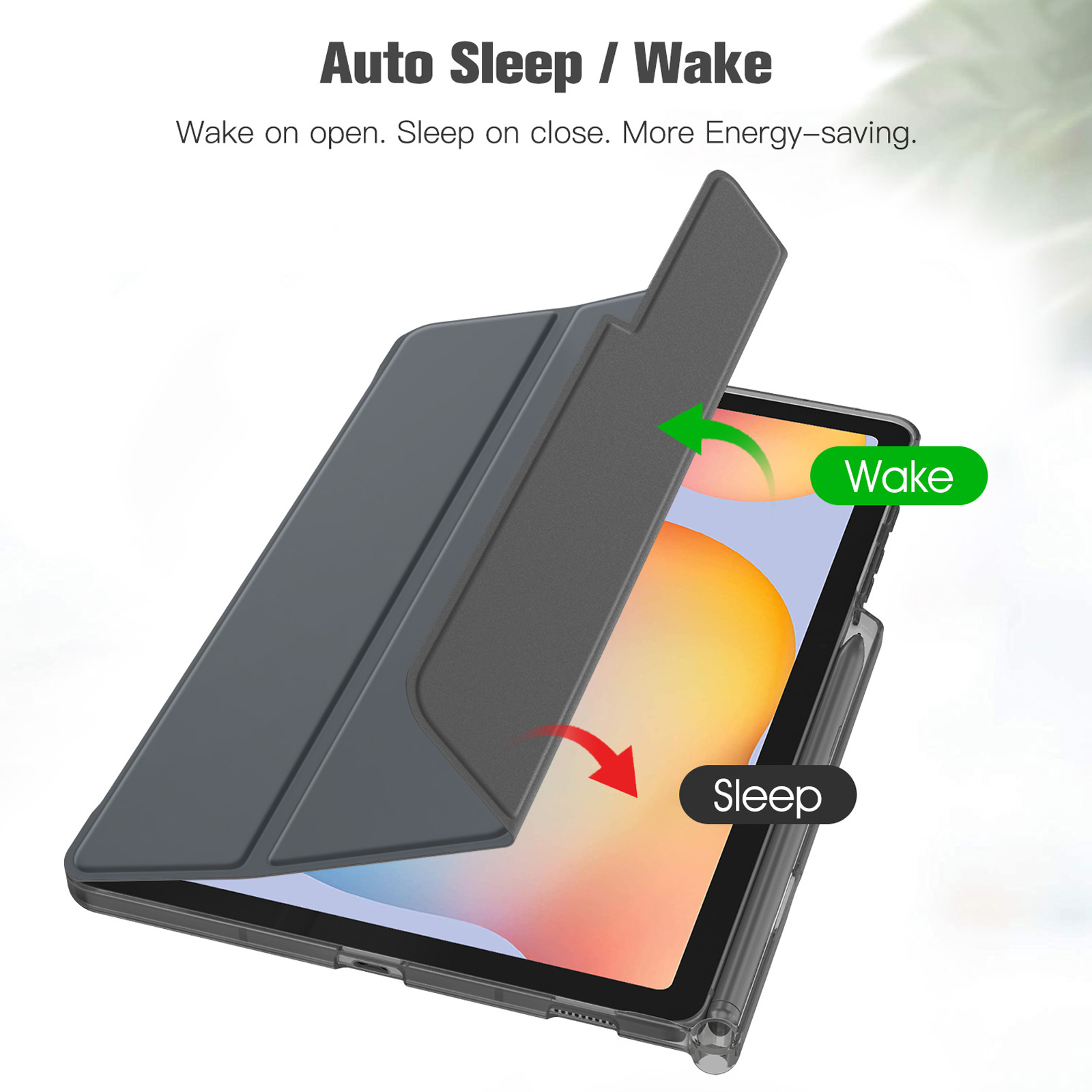 Tablethülle mit Text Auto Sleep/Wake. Grüne und rote Pfeile zeigen Öffnen und Schließen.
