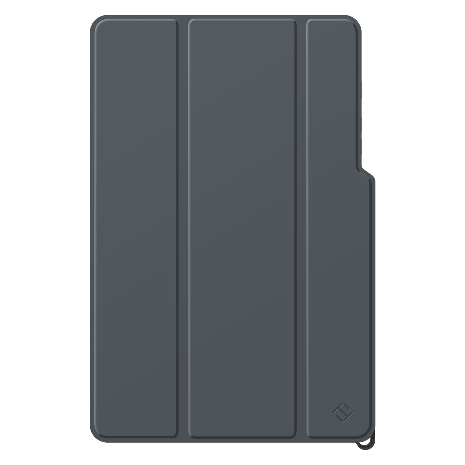 Tablet-Hülle, graue Farbe. Zeigt die Vorderseite mit einer Abdeckung und eine Seitenansicht.