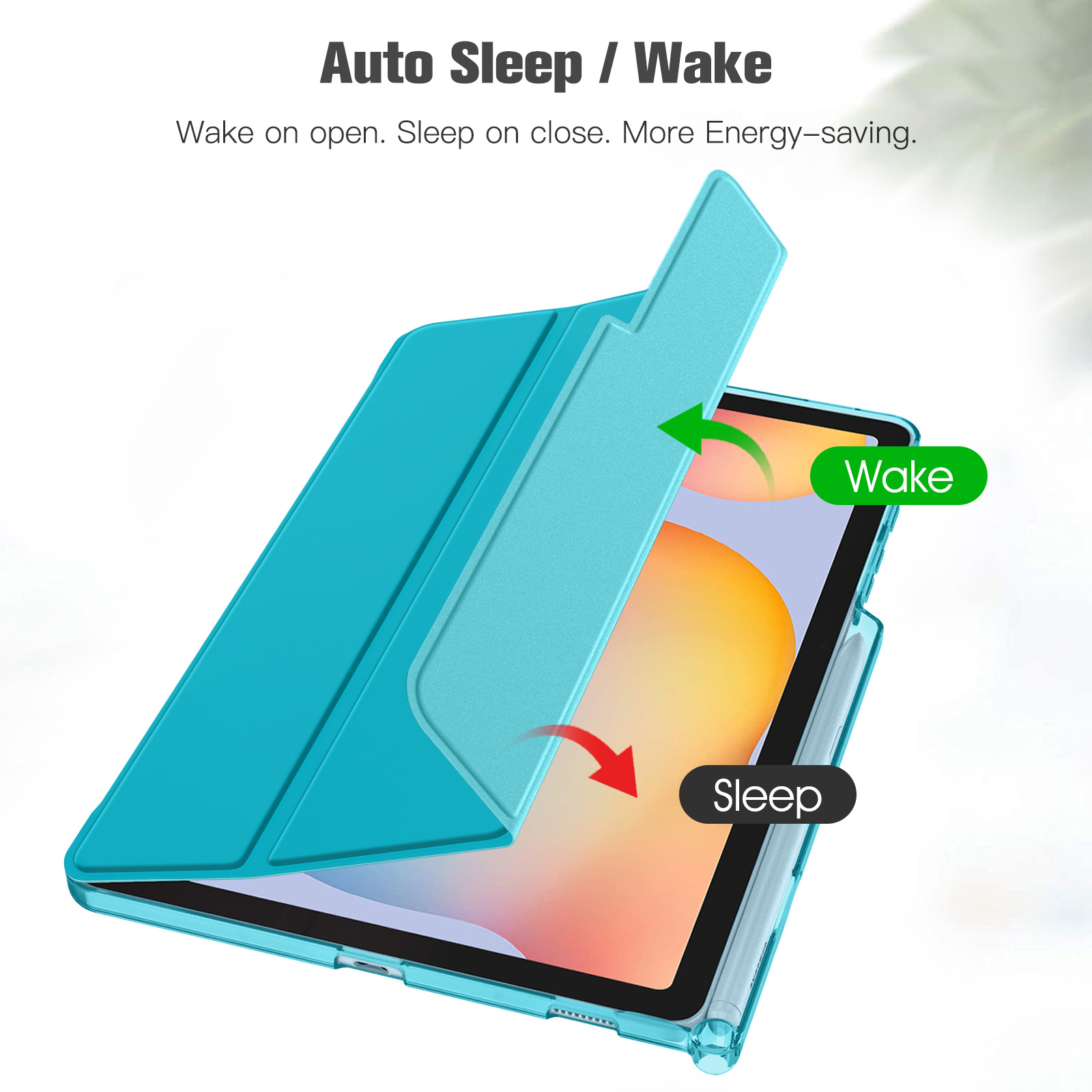 Eine türkisblaue Tablethülle, geöffnet, um den Bildschirm freizugeben. Pfeile zeigen 'wake' und 'sleep'.