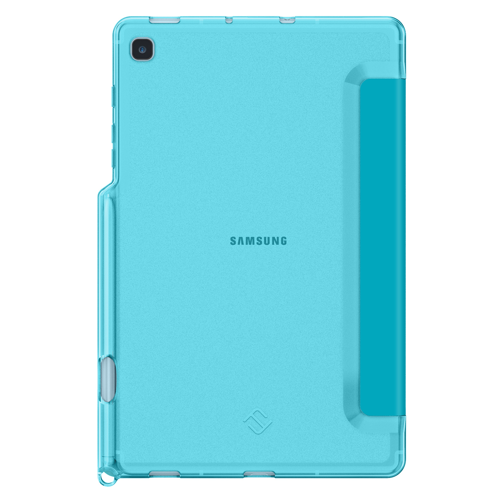 Ein hellblaues Tablet mit Hülle. Auf der Rückseite befindet sich eine Kamera und der Markenname SAMSUNG.
