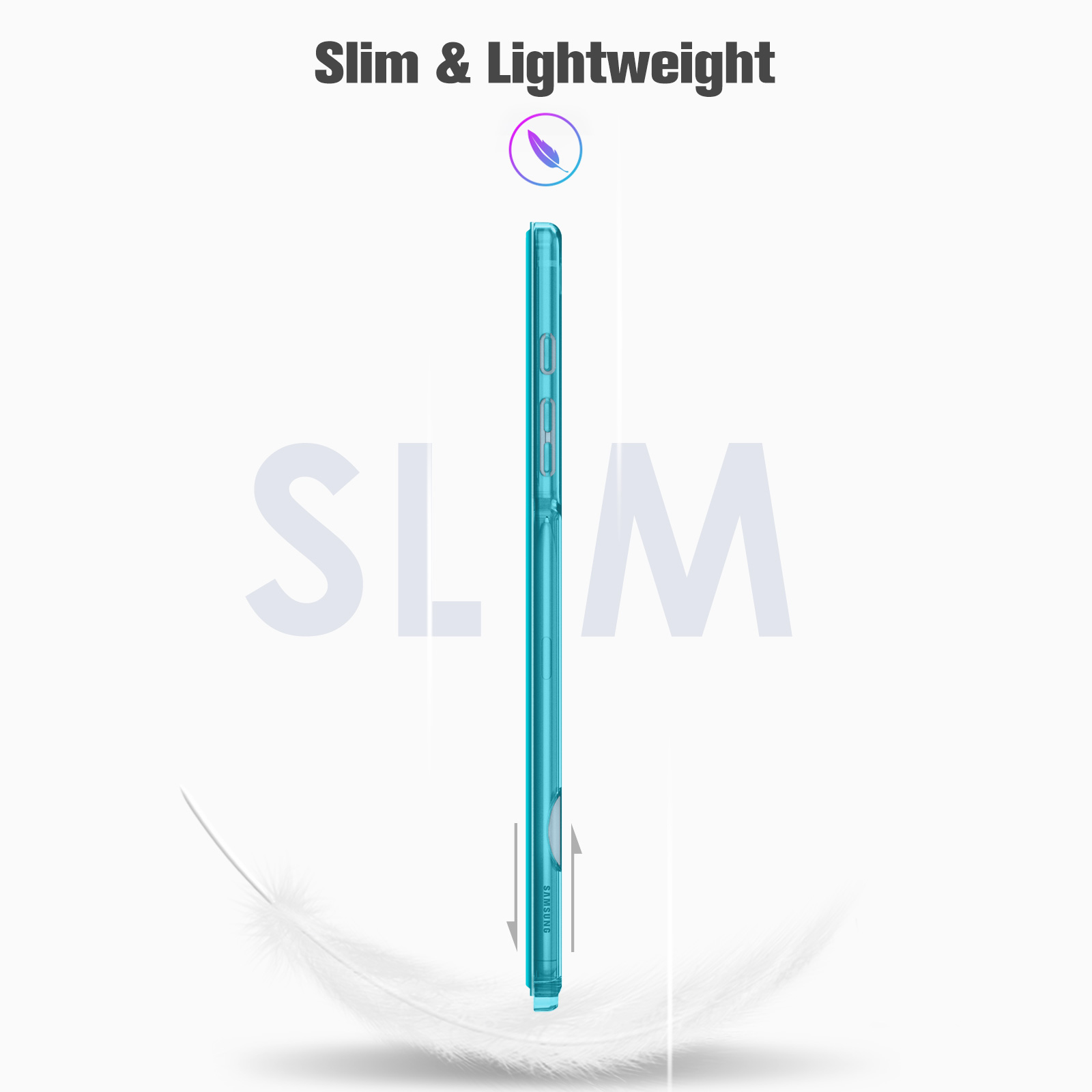 Eine türkisfarbene Handyhülle von der Seite gesehen. Der Text 'Slim & Lightweight' und das Wort 'Slim' sind sichtbar.