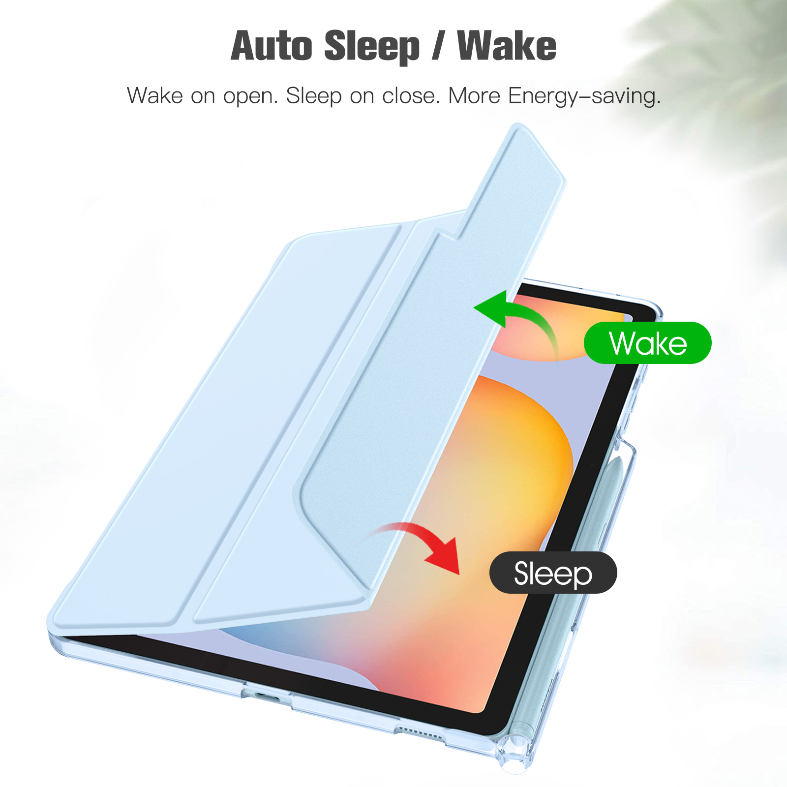 Tablet mit hellblauem Cover, offen, zeigt Bildschirm. Pfeile zeigen Schlaf- und Weckfunktion an.