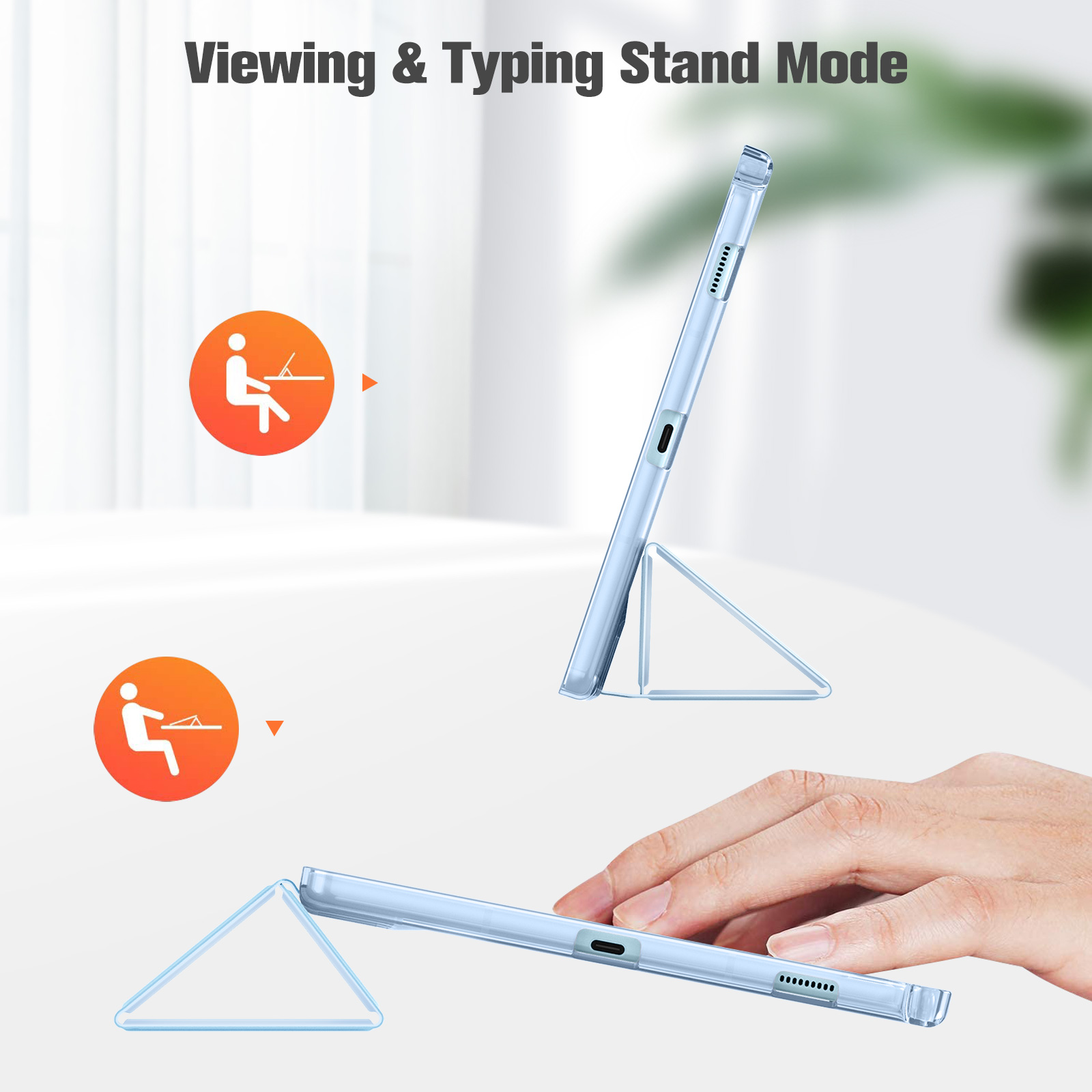 Tablet in einer transparenten Hülle, gezeigt im Tipp- und Betrachtungsmodus. Diagramm veranschaulicht Anwendungsfälle.