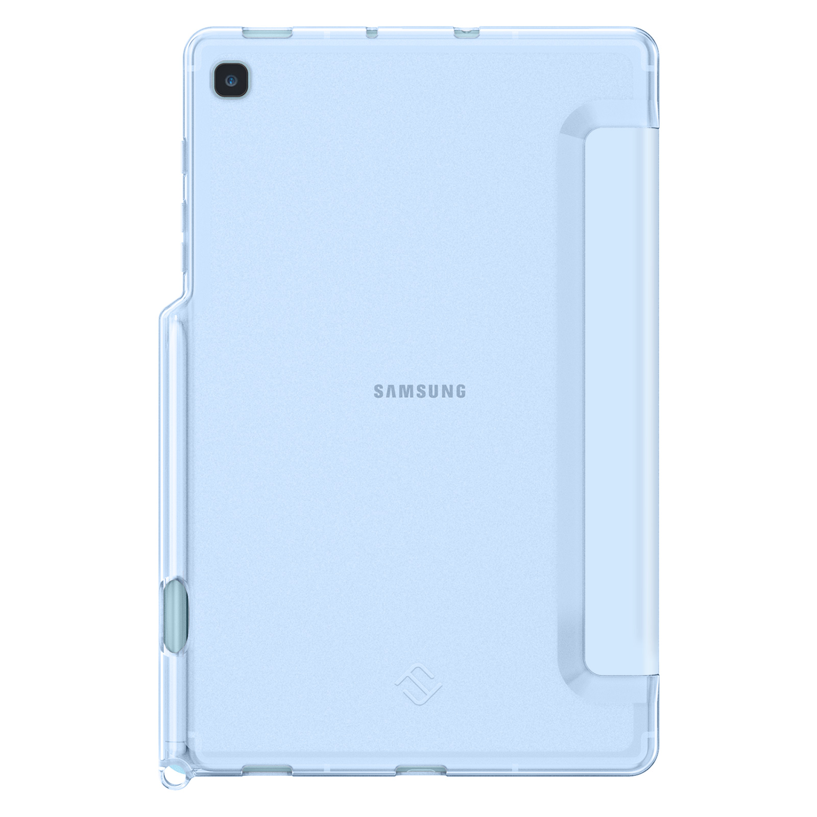 Eine hellblaue Samsung Tablet-Hülle mit Stifthalter. Das Samsung-Logo ist sichtbar.