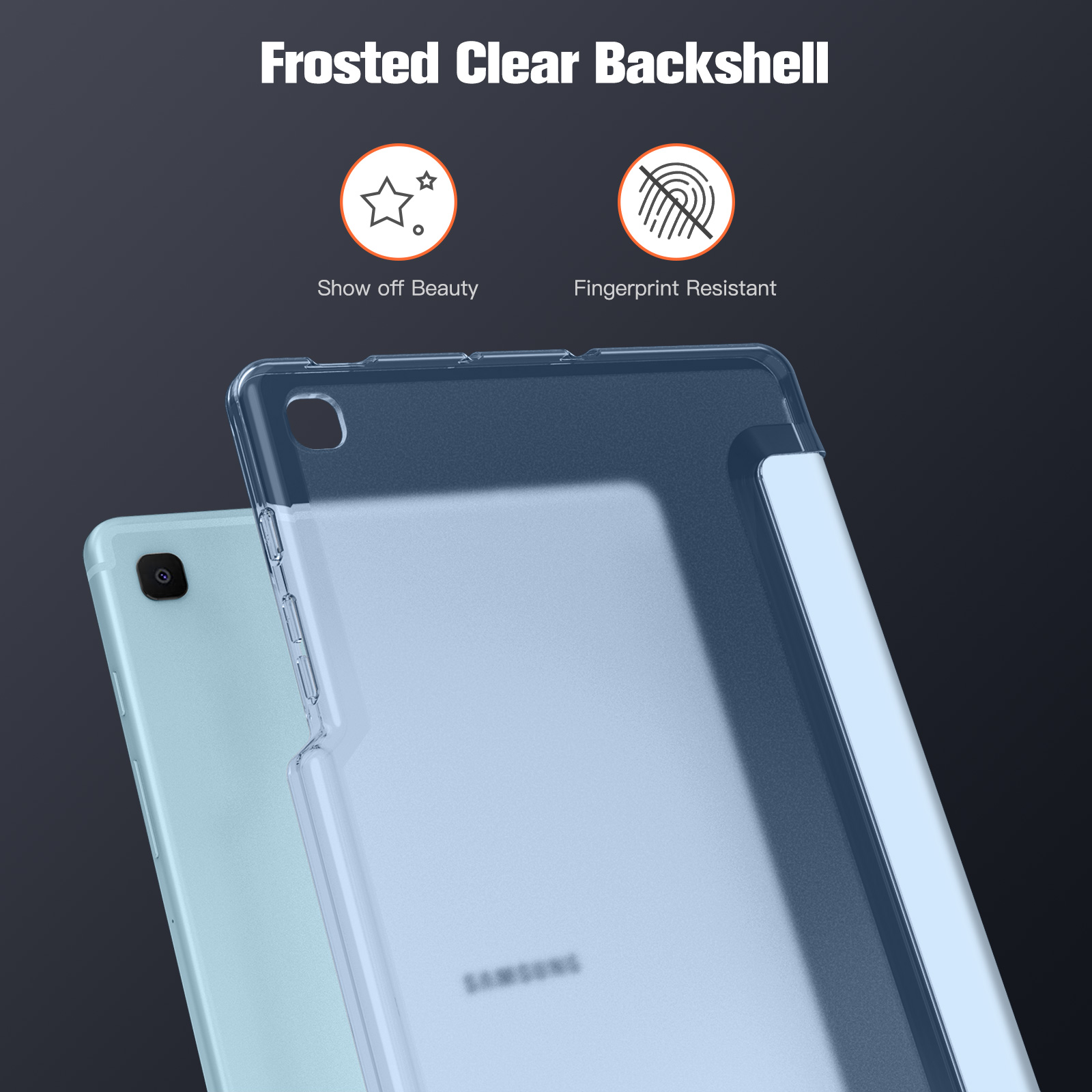Transparente Tablet-Hülle mit blauem Farbton und hellblaues Tablet, Text: Frosted Clear Backshell.
