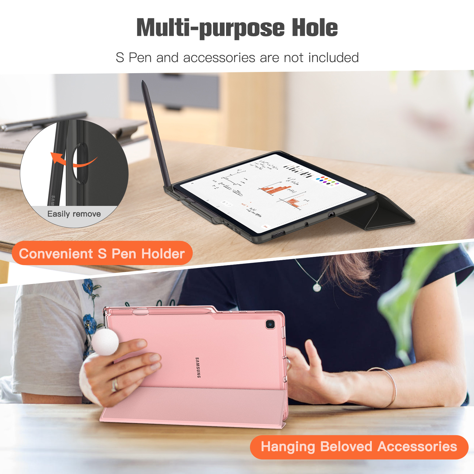 Ein Tablet mit Hülle und S Pen Halter. Eine Person hält ein rosa Tablet, eine andere benutzt es.