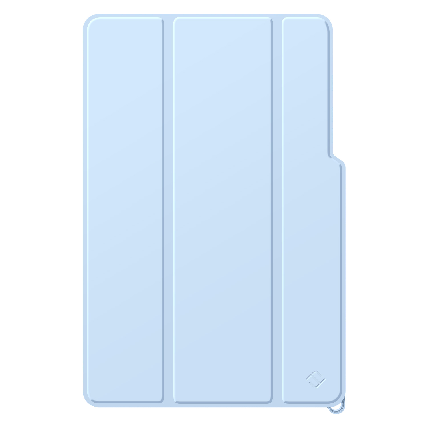 Hellblaue Tablethülle, drei Paneele, mit einem kleinen Anhänger.