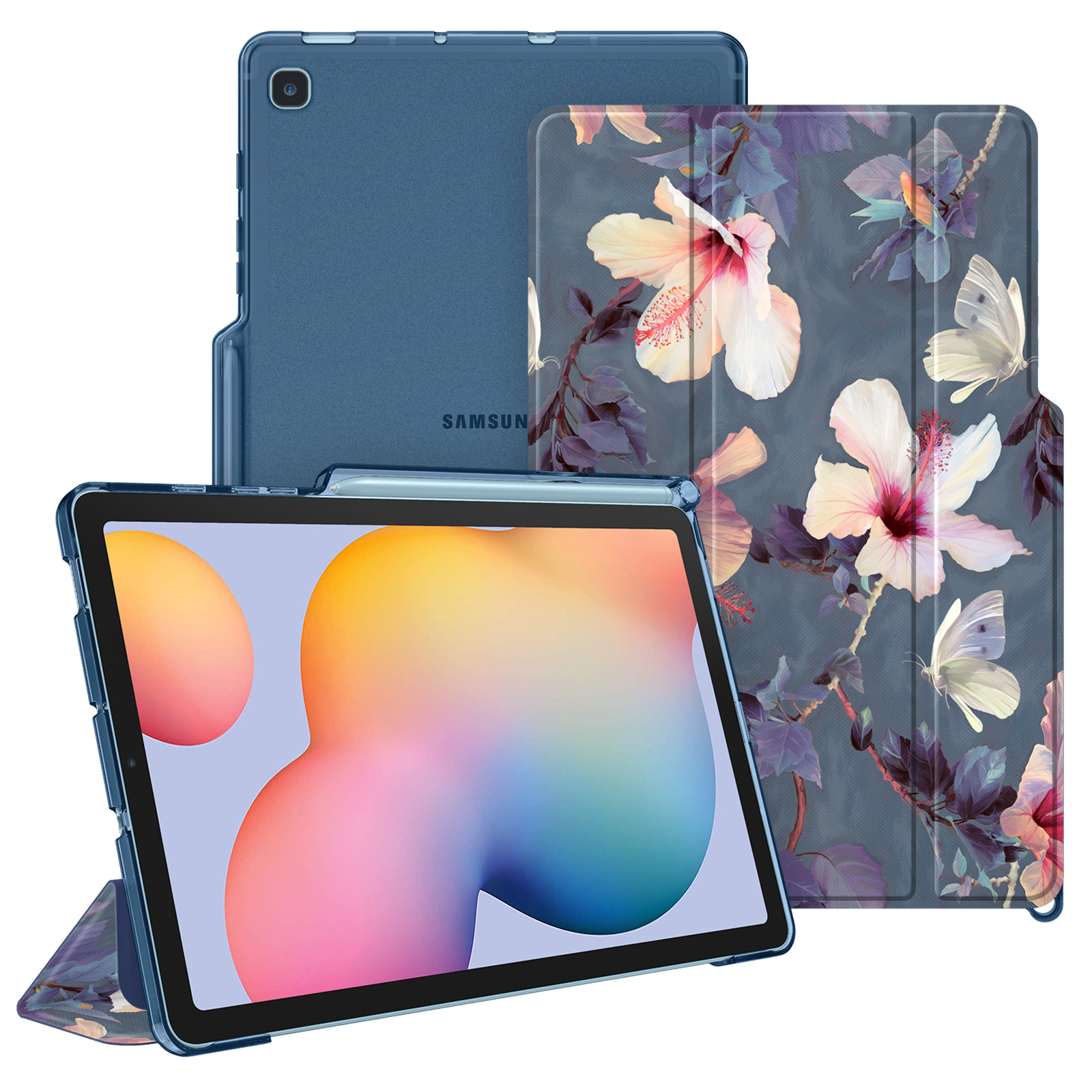 Blaues Tablet mit floraler Hülle und Ständer.