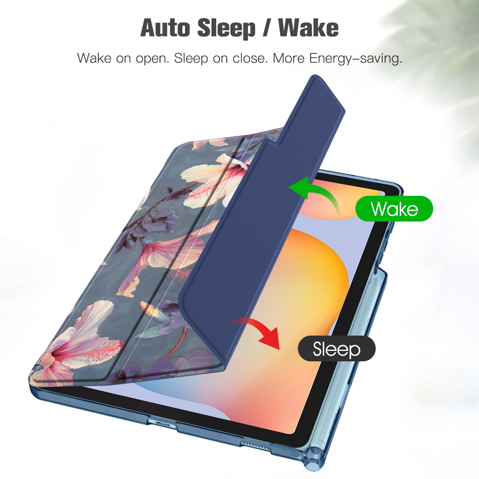Tablet mit floraler Hülle, die sich öffnet. Text sagt 'Auto Sleep/Wake'. Die Hülle ist blau und hat ein Blumenmuster.