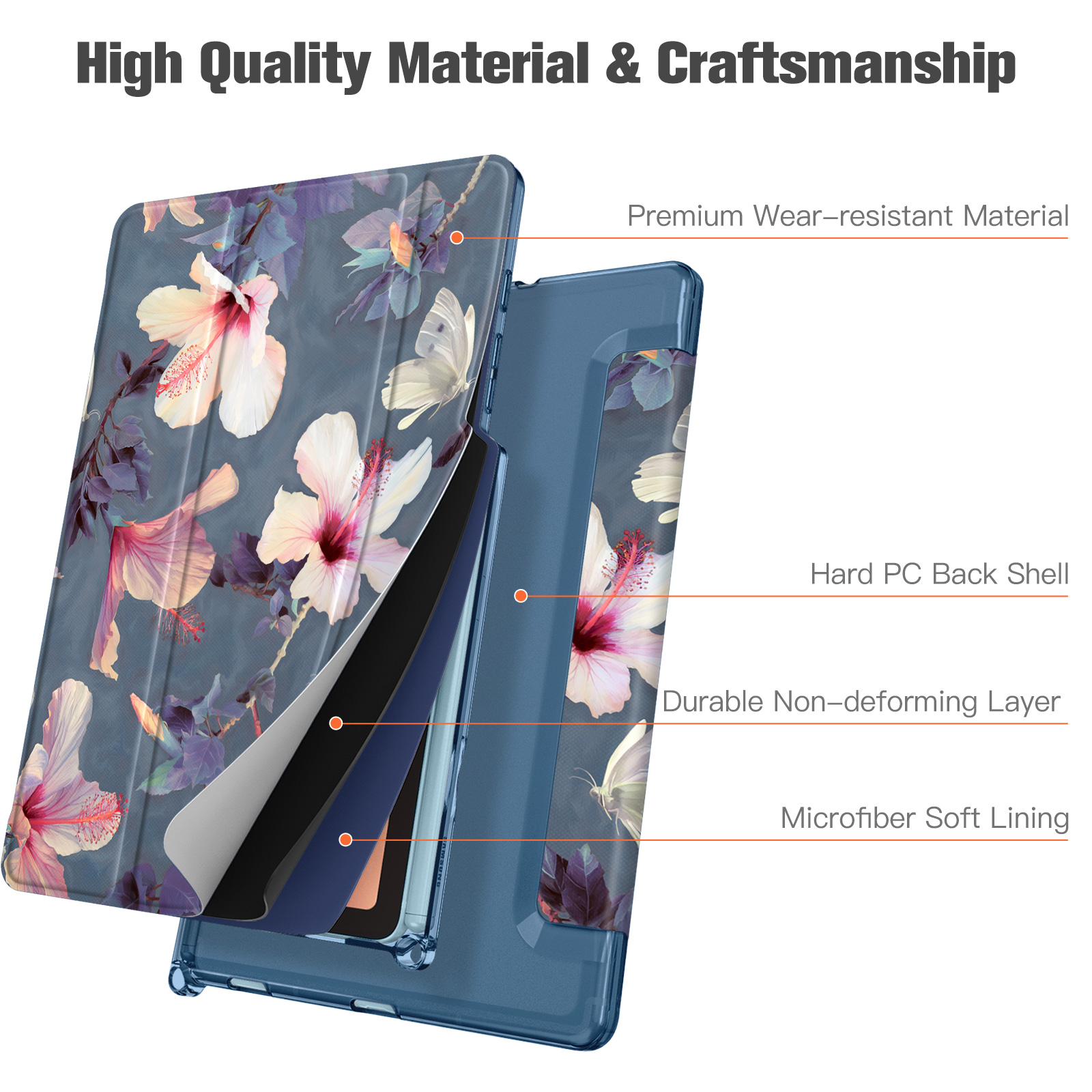 Tablet-Hülle mit Blumendesign, die Schichten zeigt: verschleißfestes Material, harte PC-Rückschale, nicht verformbare Schicht und weiches Futter.