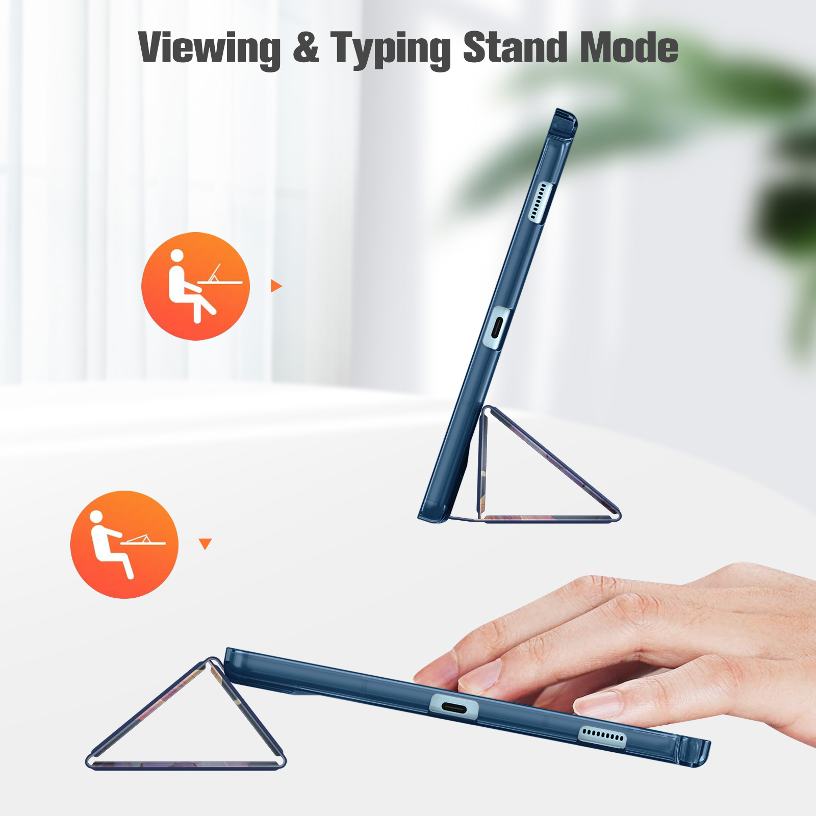 Eine blaue Tablethülle im Tipp- und Betrachtungsmodus. Zeigt das Gerät und eine Hand, die die Hülle bedient.