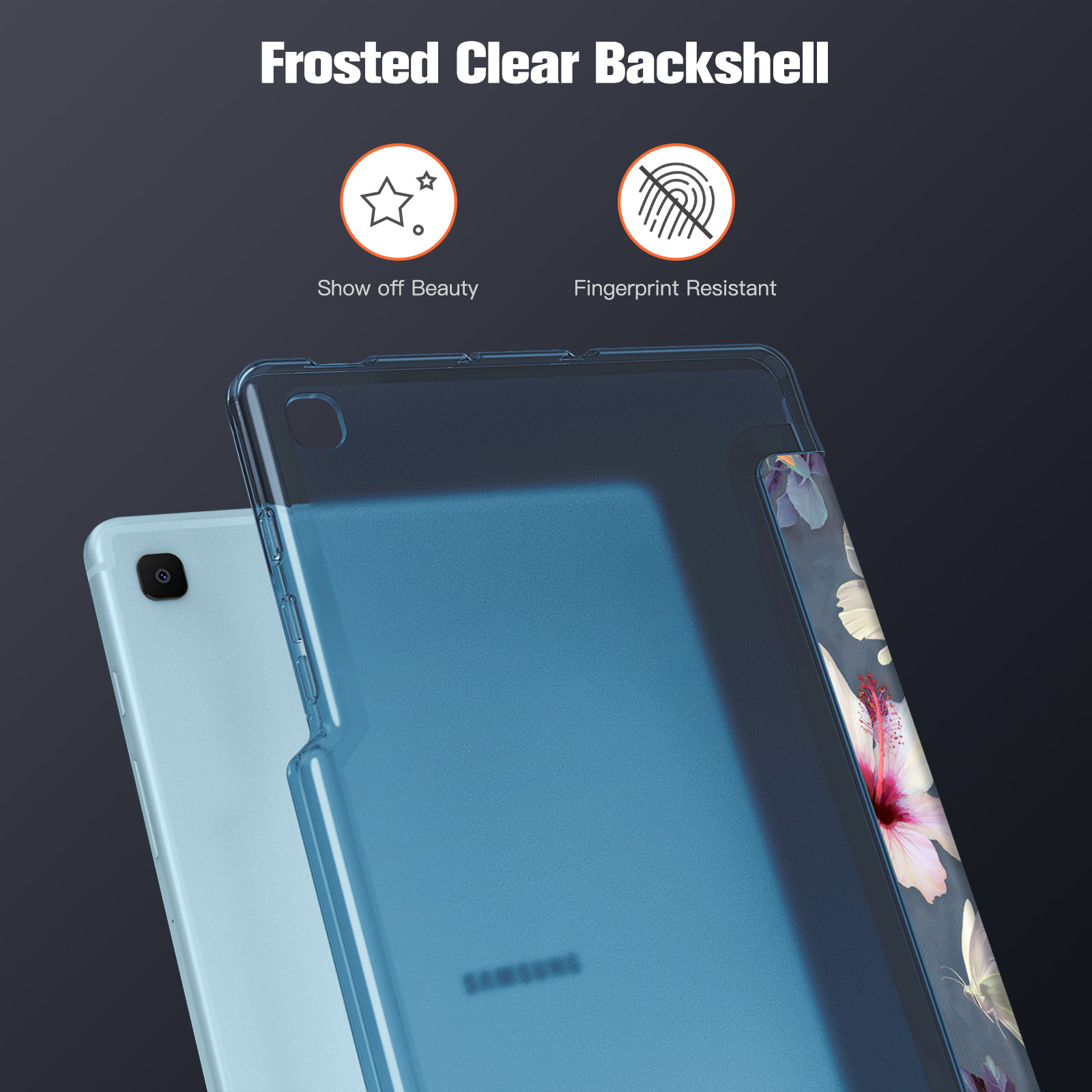 Blaues Tablet mit transparenter Hülle. Der Text lautet: Zeigen Sie Schönheit und Fingerabdruckresistent.