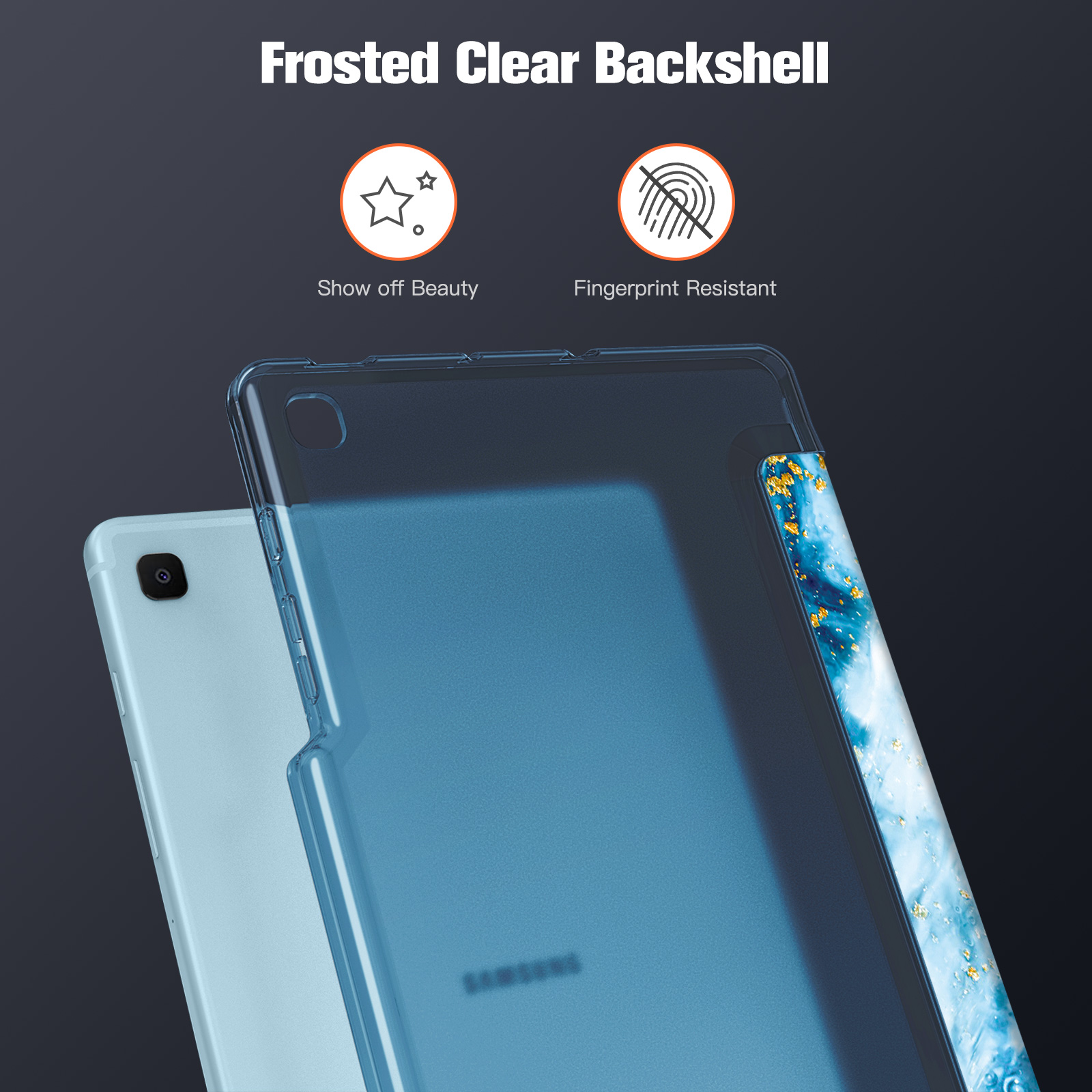 Blaues Tablet in einer transparenten, blau getönten Schutzhülle mit Text. Dunkler Hintergrund.