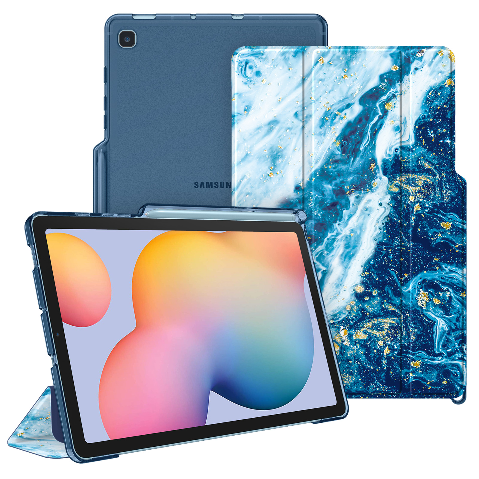 Tablets in Hüllen. Eines ist offen und zeigt den Bildschirm. Hüllen sind blau und marmoriert, mit Stift.