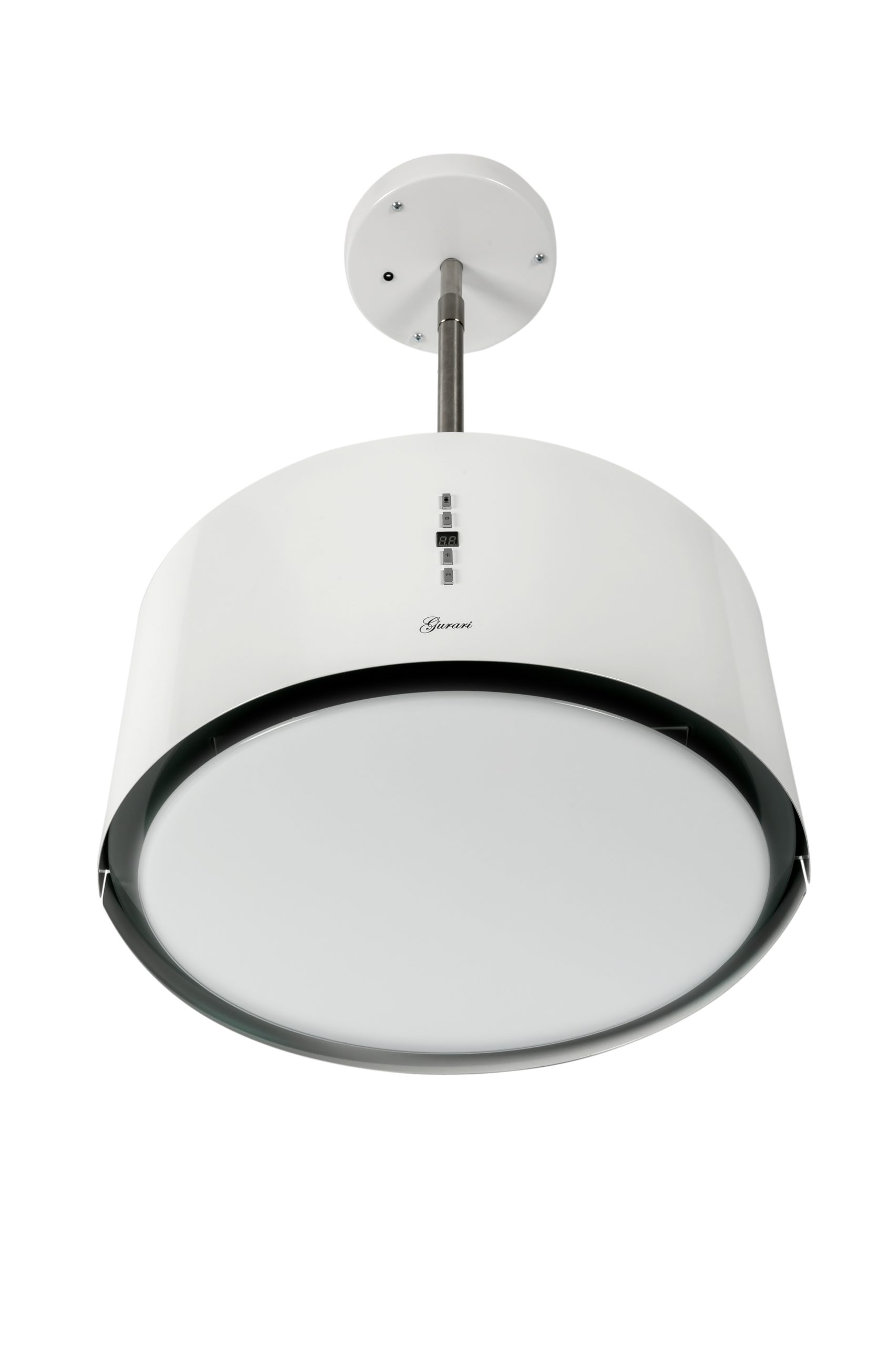 Lámpara de techo moderna blanca y negra, vista desde abajo, con fuente de luz circular brillante.