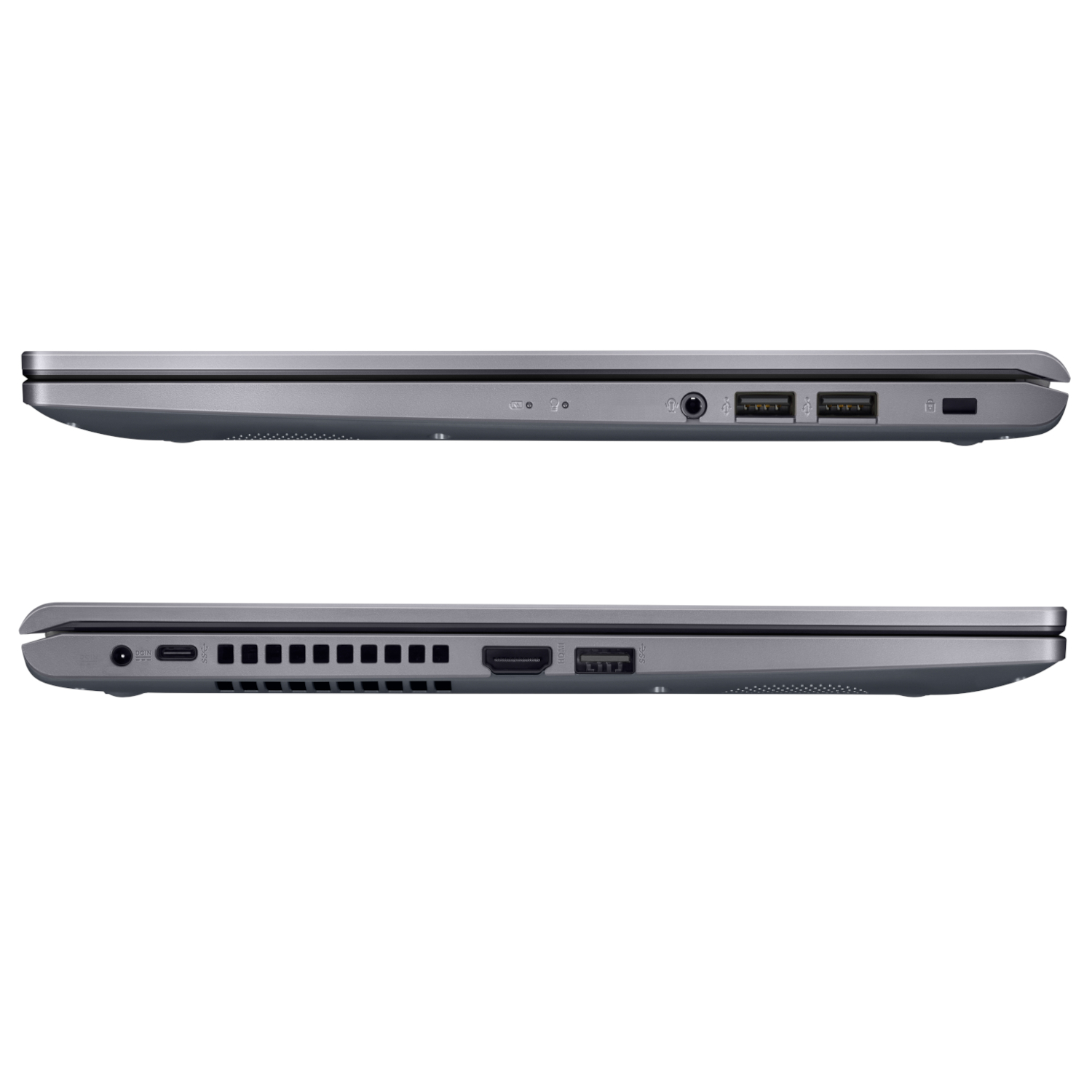 Zwei graue Laptops nebeneinander, die Seiten mit Anschlüssen und Lüftungsschlitzen zeigend.