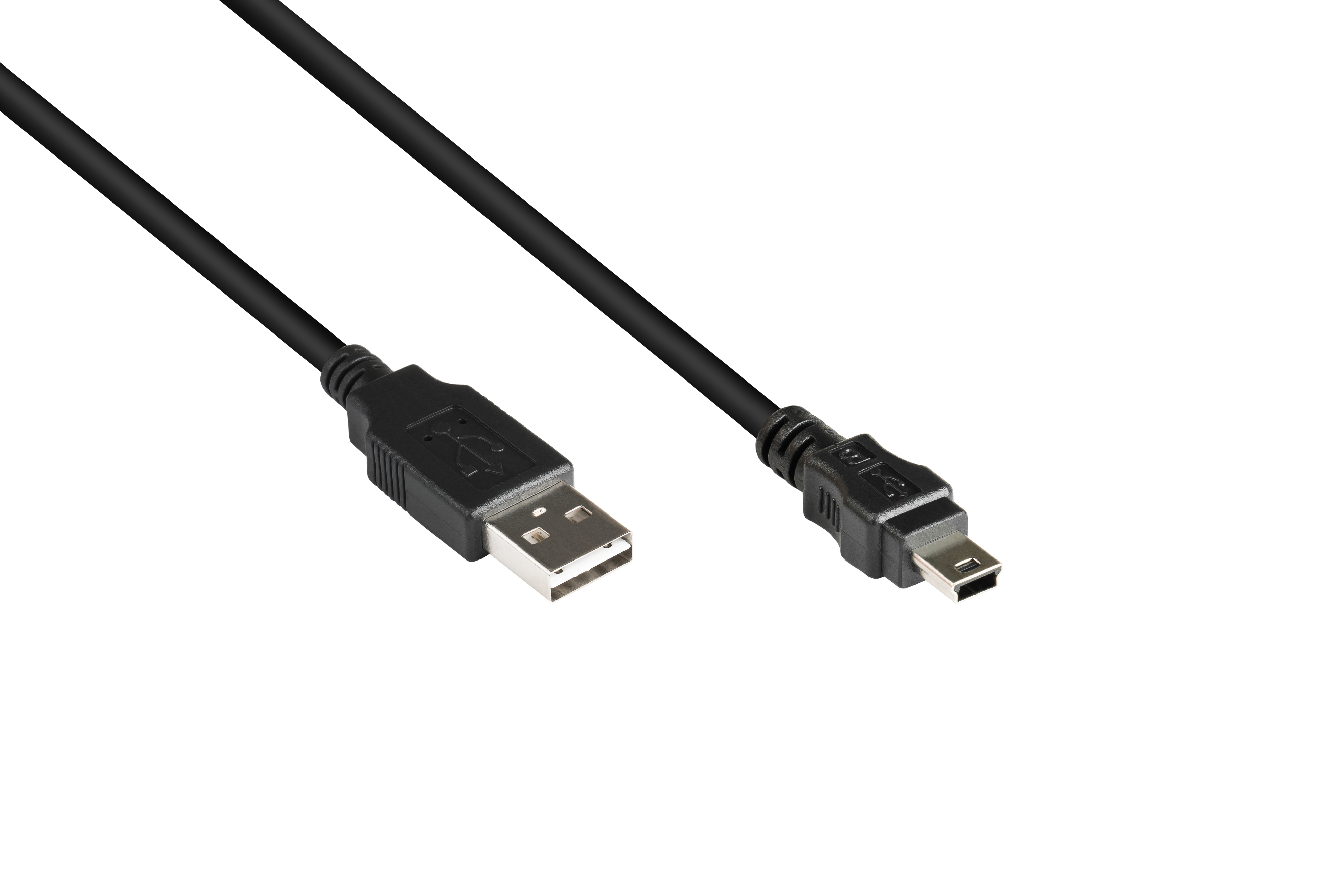 Un cavo da USB a mini-USB nero su sfondo bianco.