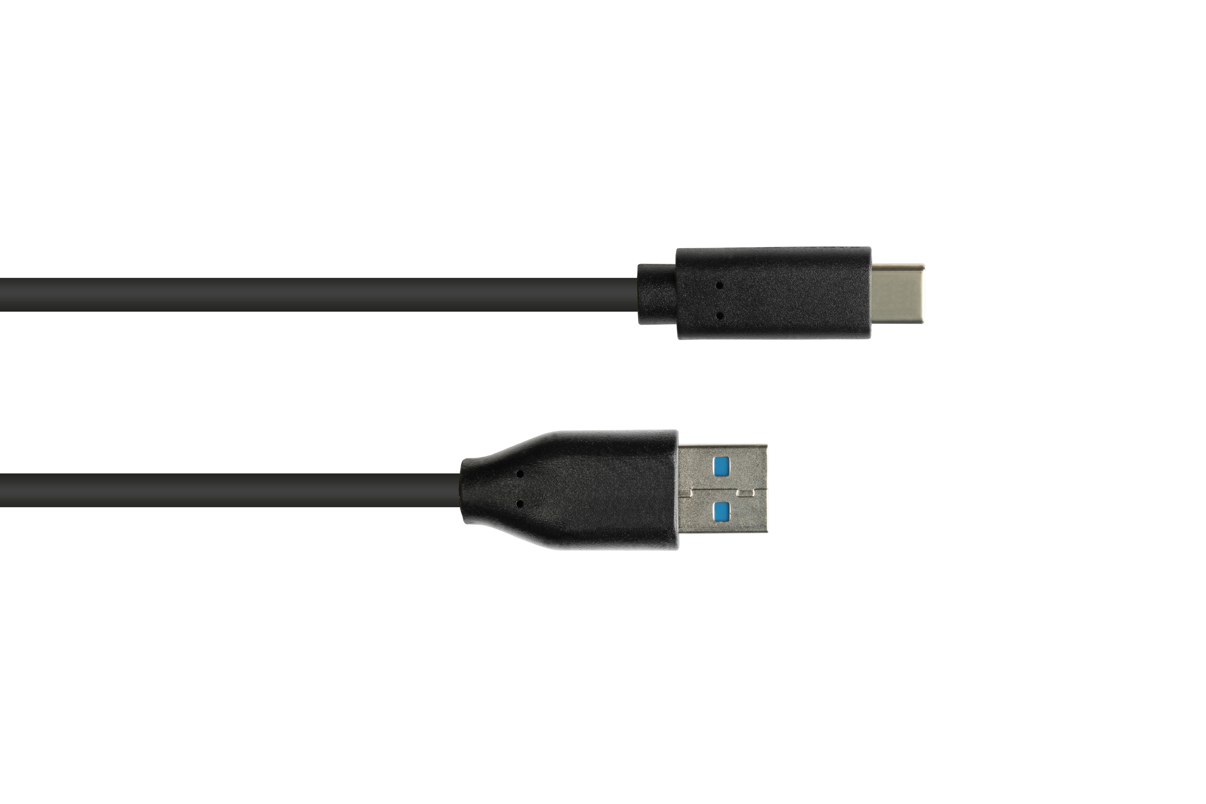 Ein schwarzes USB-C-zu-USB-A-Kabel vor weißem Hintergrund, gerade und isoliert.