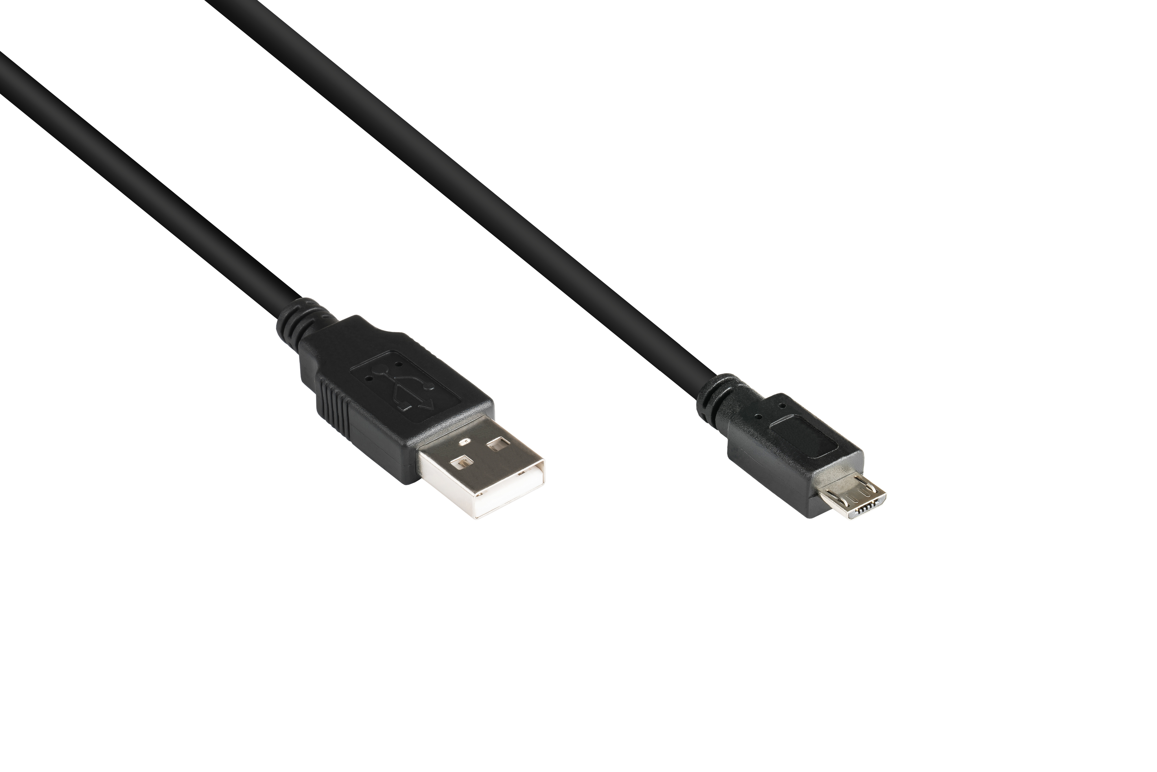 Czarny kabel USB do micro USB. Białe tło. USB ma logo.