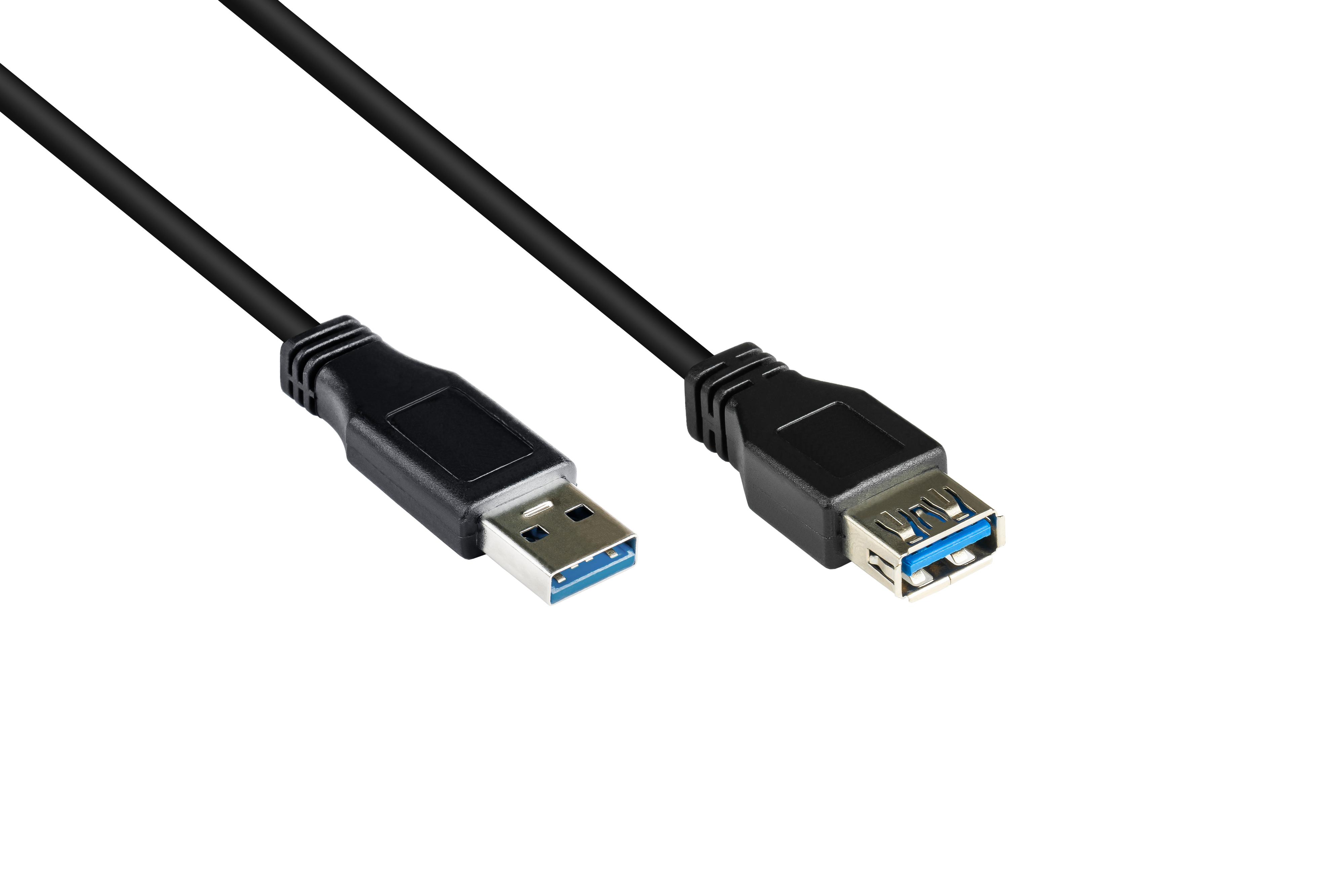 Czarny kabel USB 3.0 z niebieskimi złączami na białym tle.