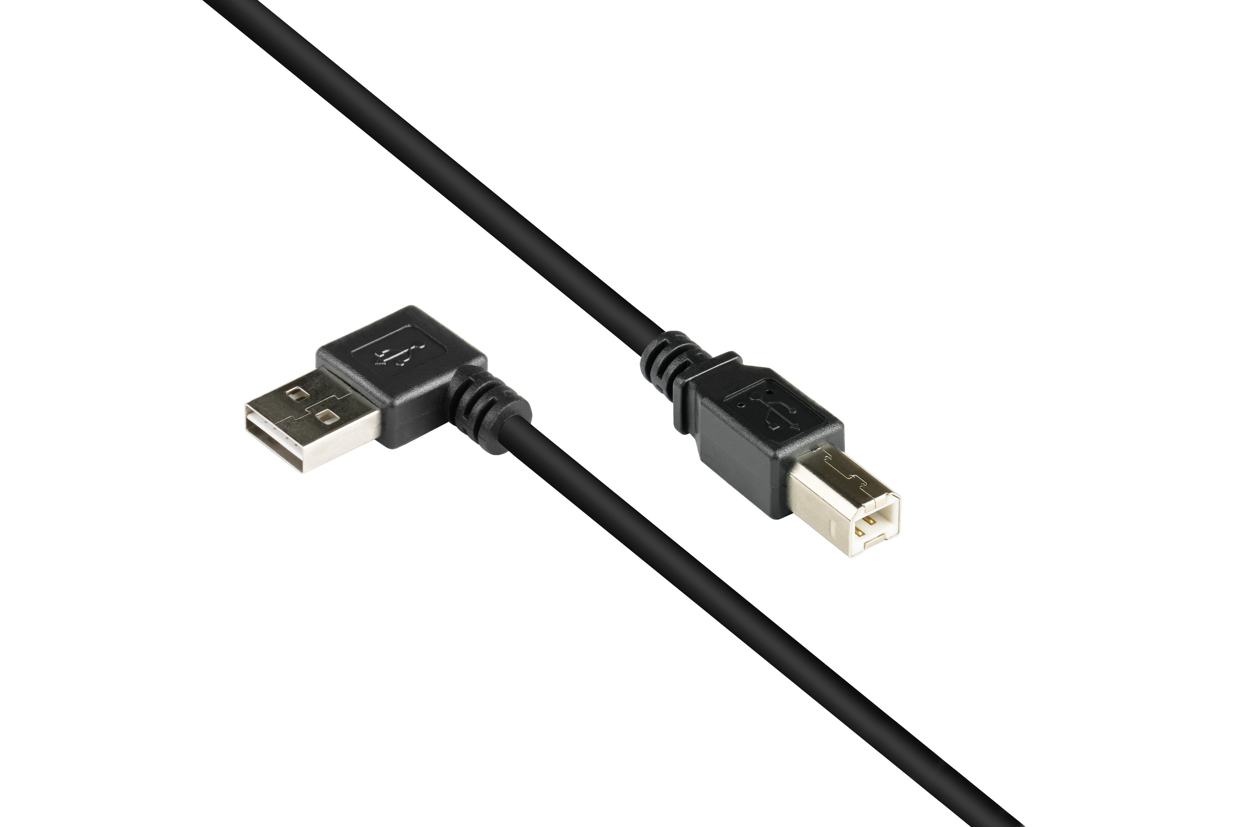 Cavo USB nero con connettore ad angolo retto e un connettore USB standard.