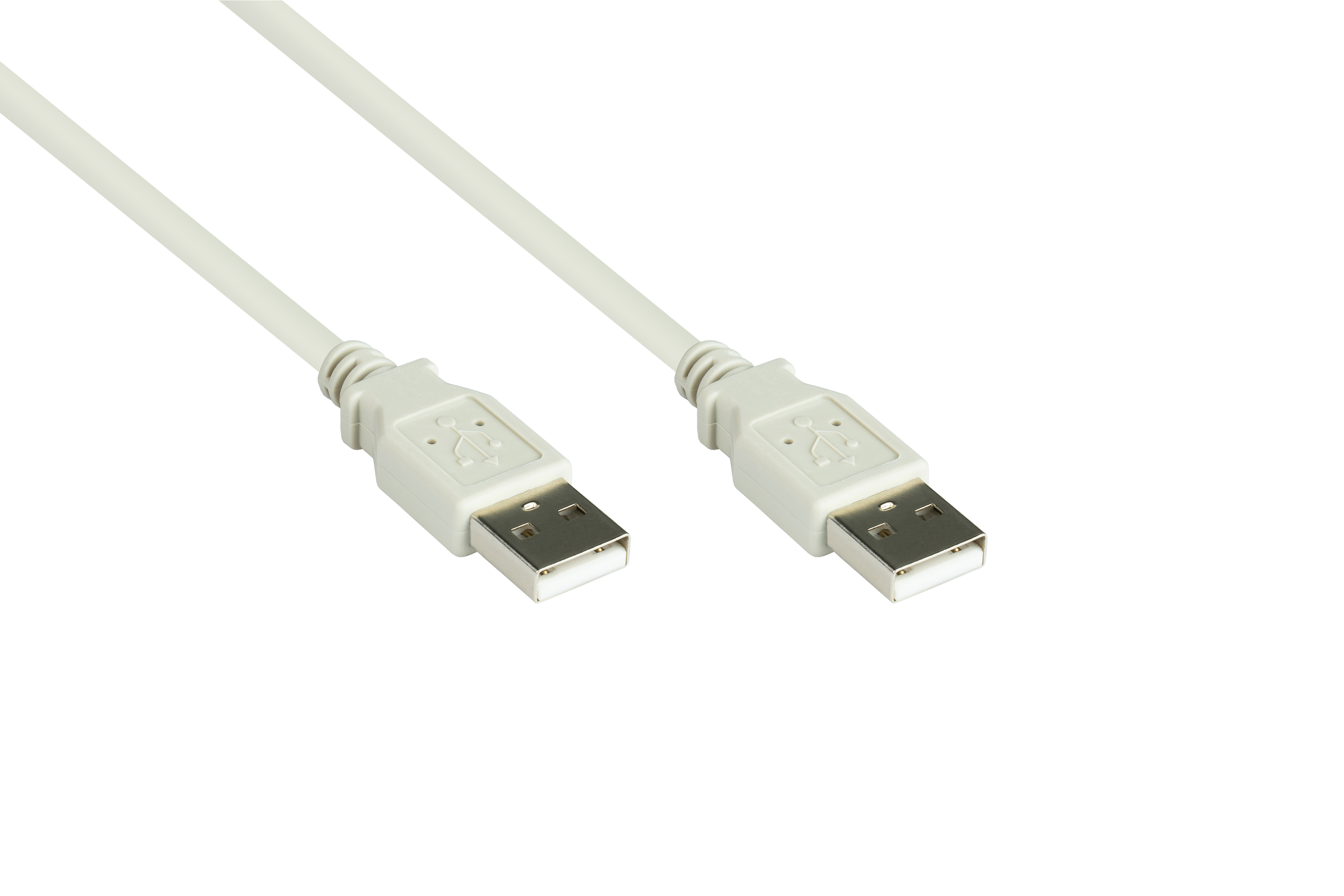 Cavo USB bianco con due connettori USB-A. Sfondo bianco.