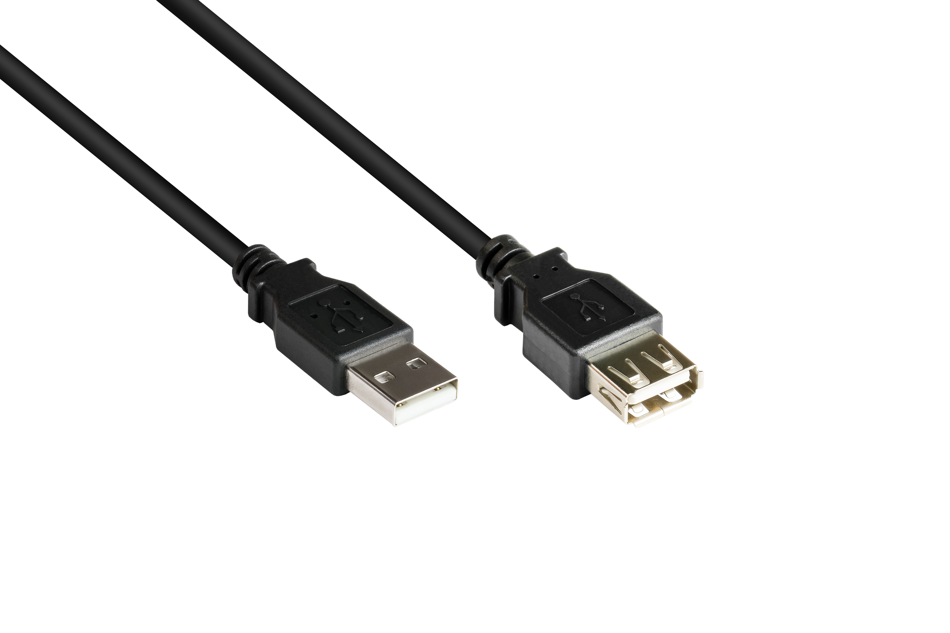 Dwa czarne kable USB na białym tle. Jeden koniec to gniazdo USB.
