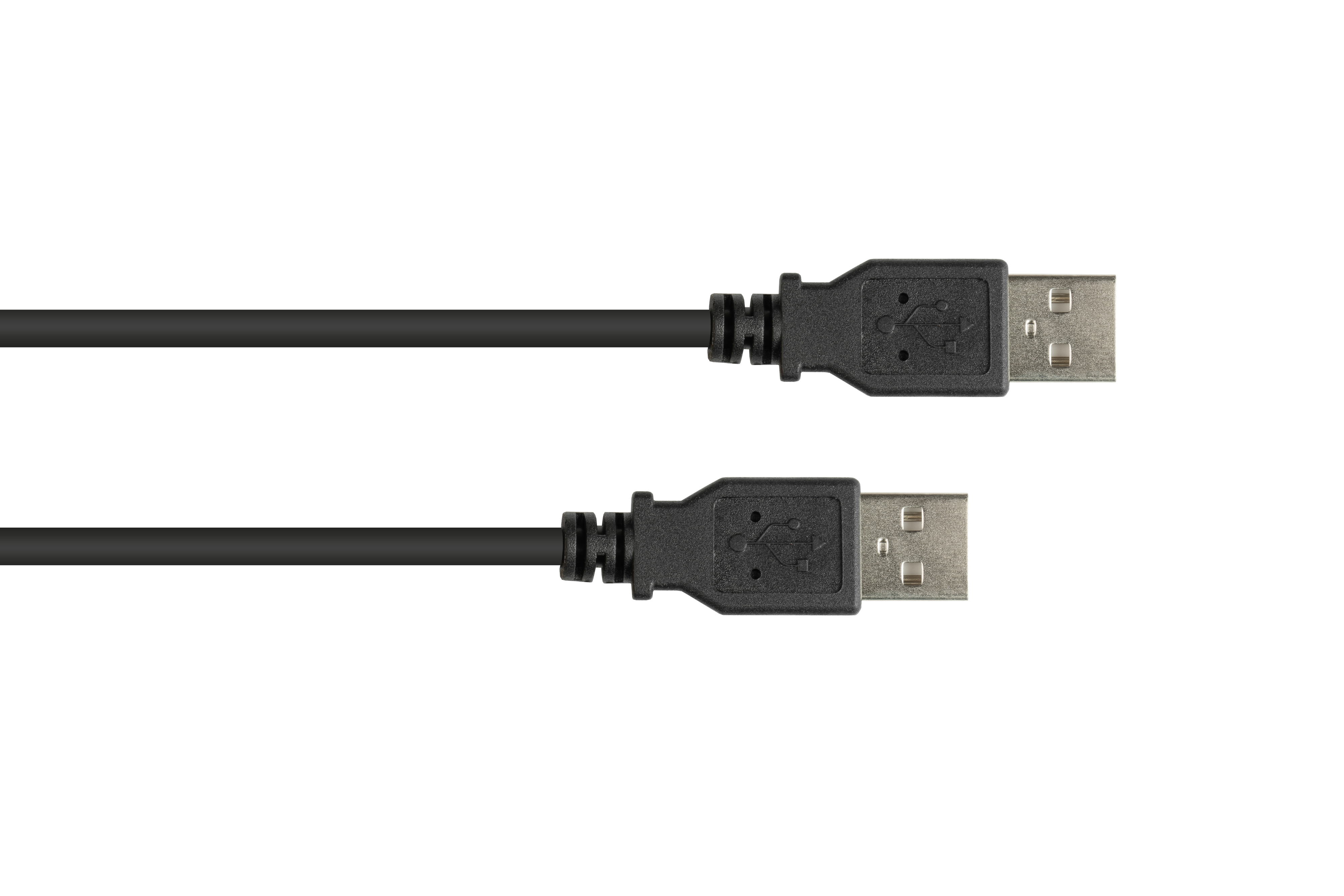 Zwei schwarze USB-Kabel mit Standard-USB-Anschlüssen auf weißem Hintergrund.
