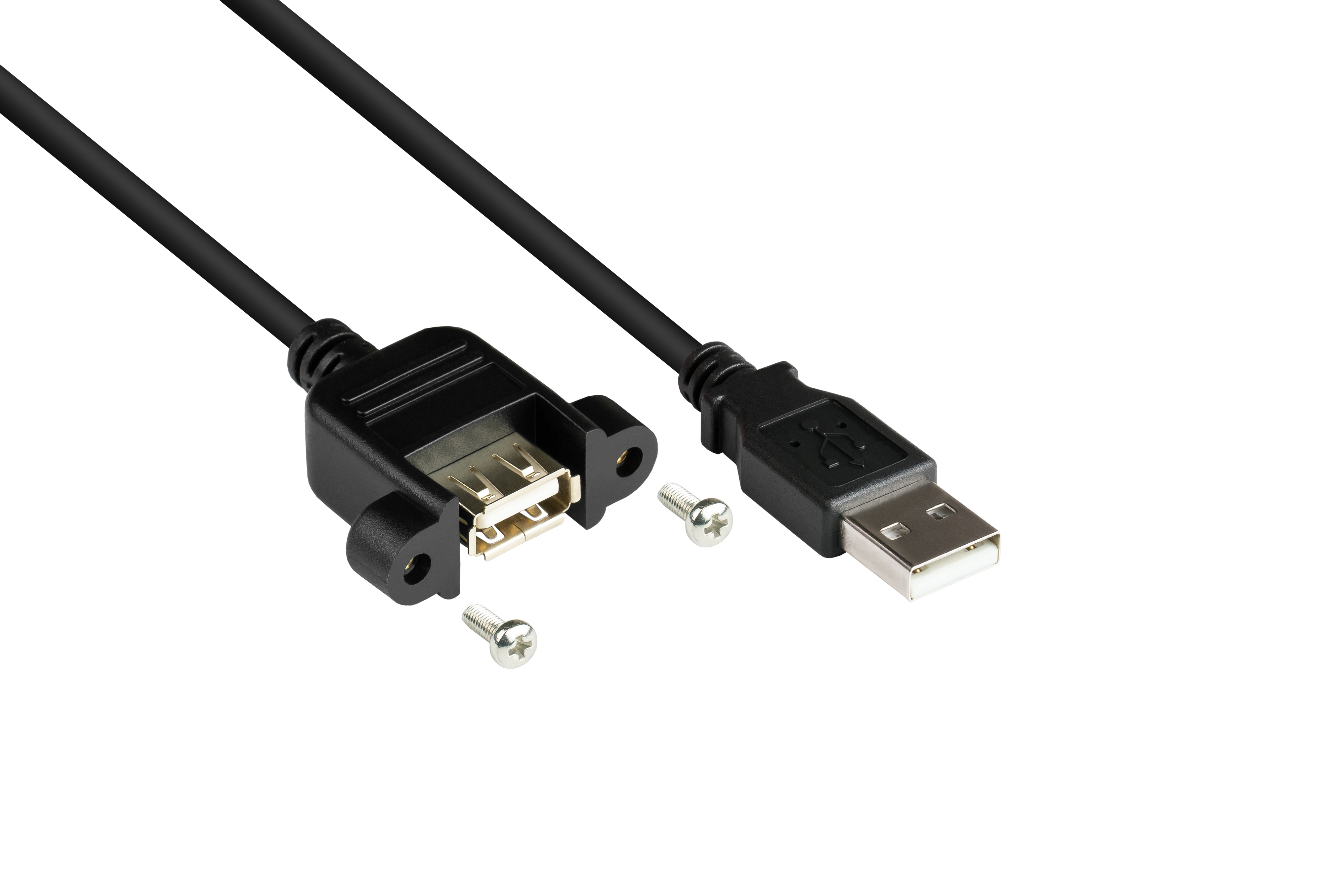Cable conector USB, negro. Puerto USB hembra, tornillos y un enchufe USB estándar.
