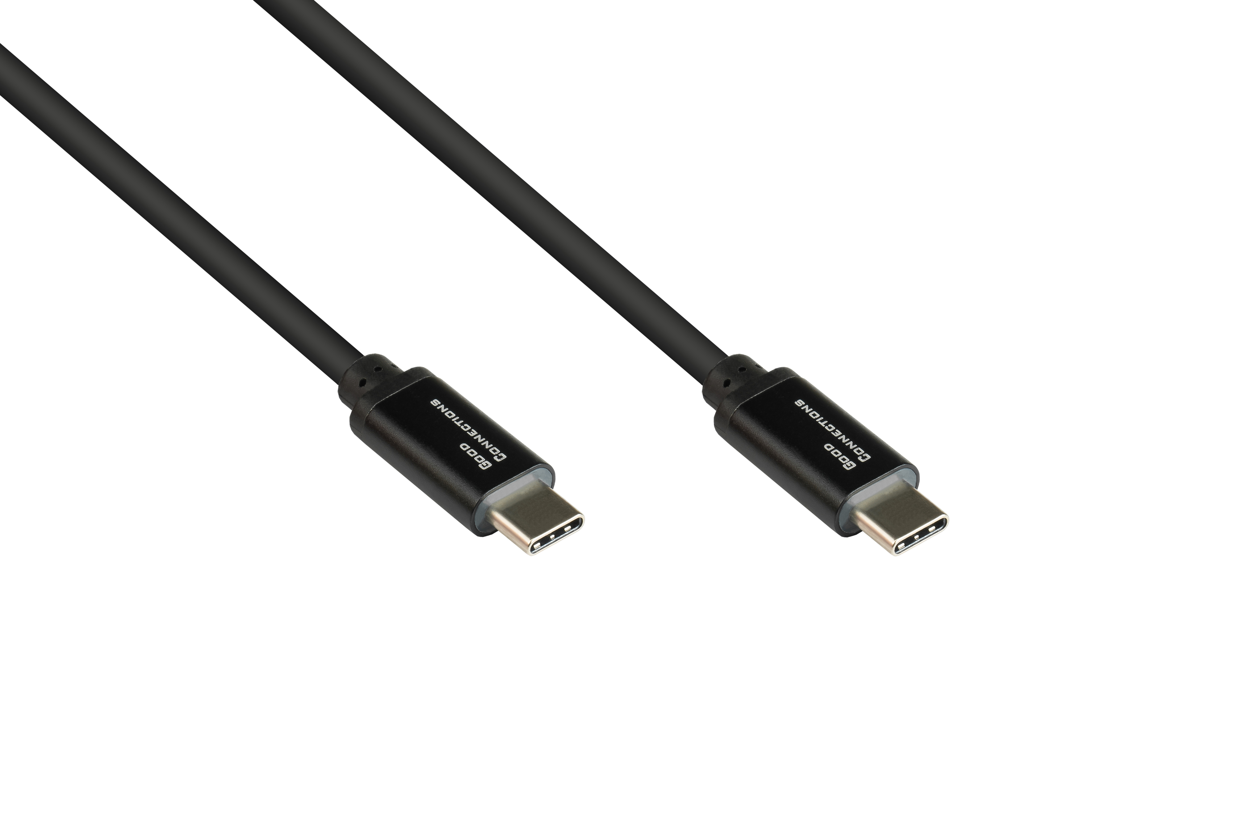 Due cavi USB-C neri. Sfondo bianco.