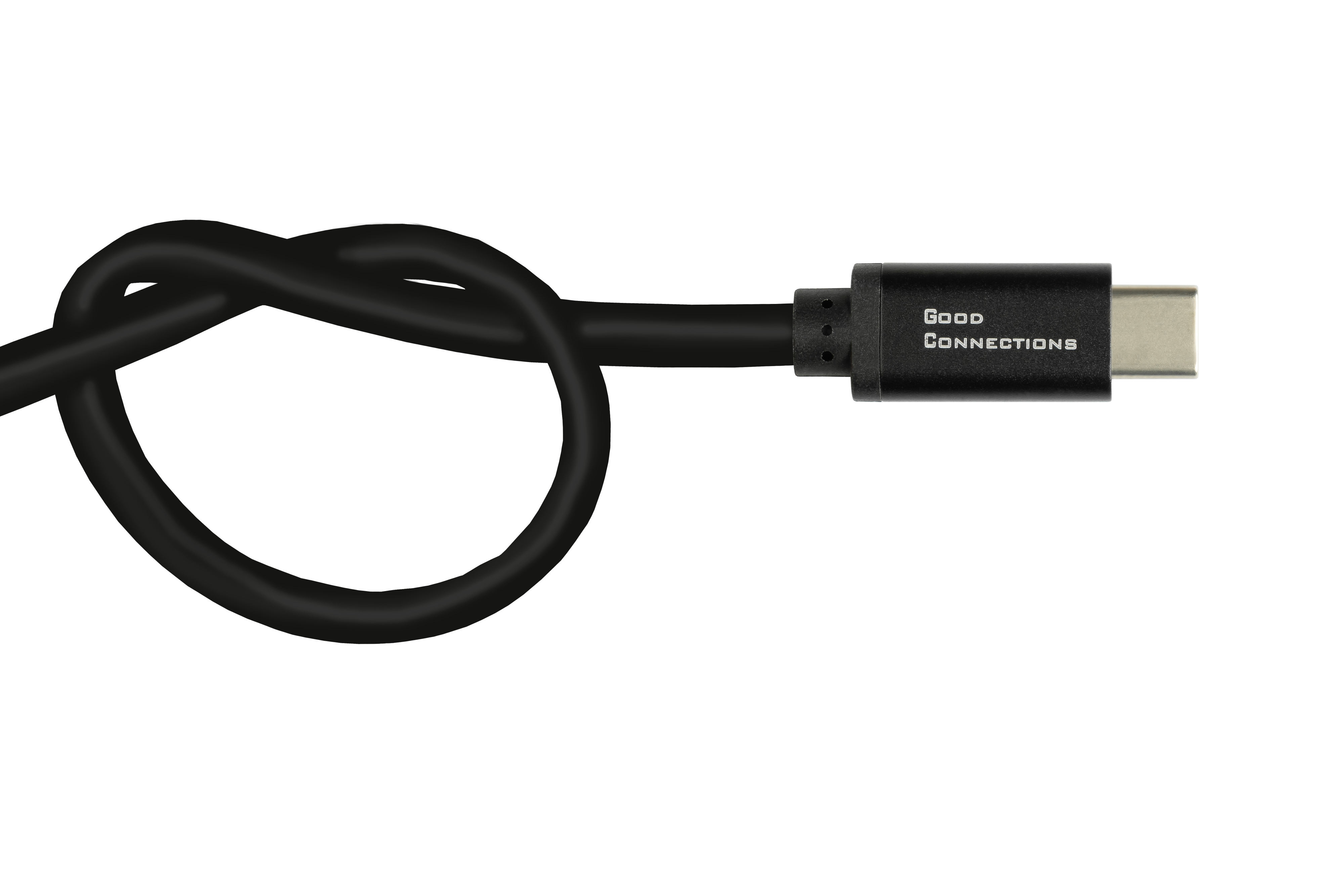 Cavo USB-C nero con un nodo. L'etichetta Good Connections è sul connettore. Sfondo bianco.