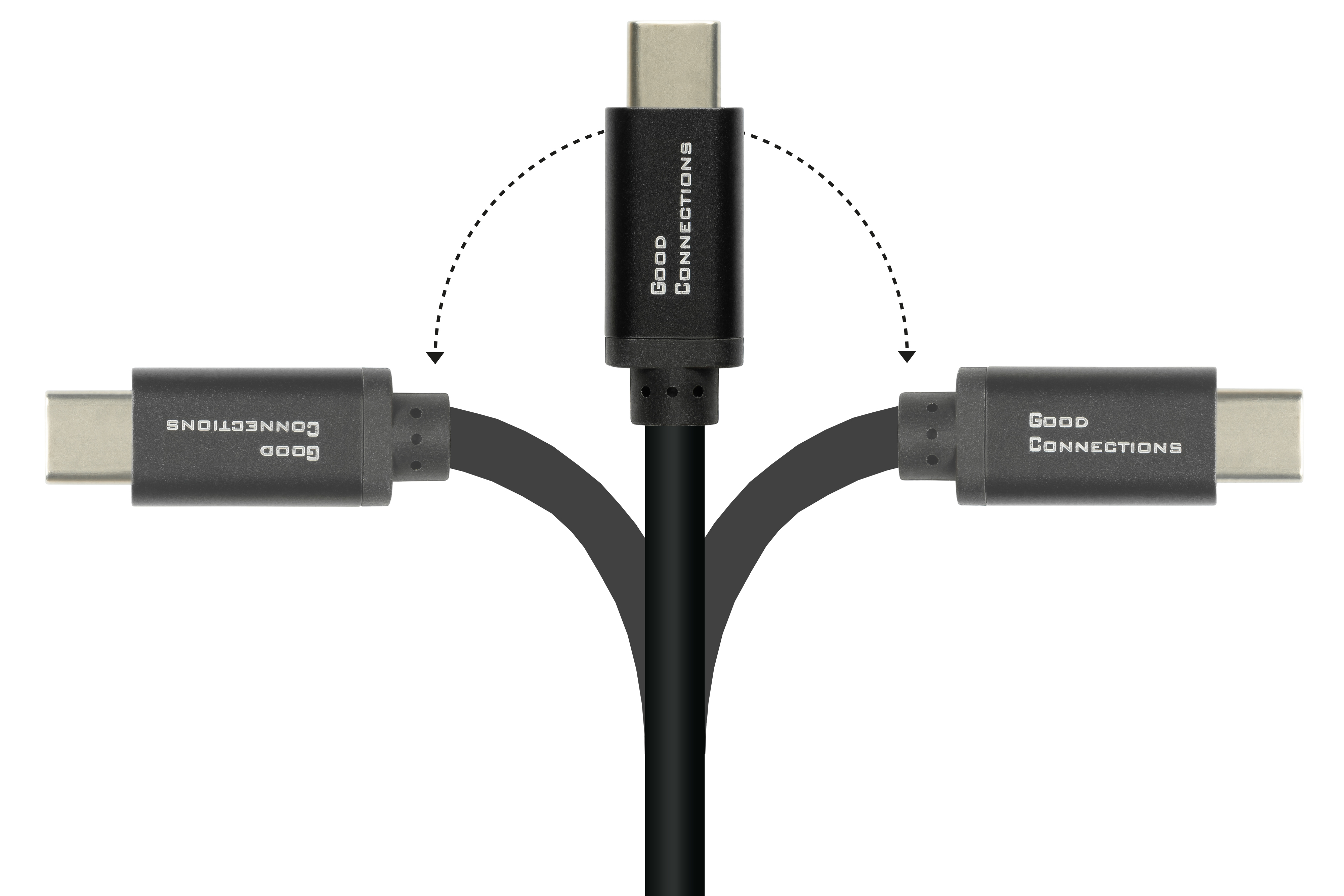 Tre cavi USB-C collegati. Uno al centro, due ai lati. Sfondo bianco.