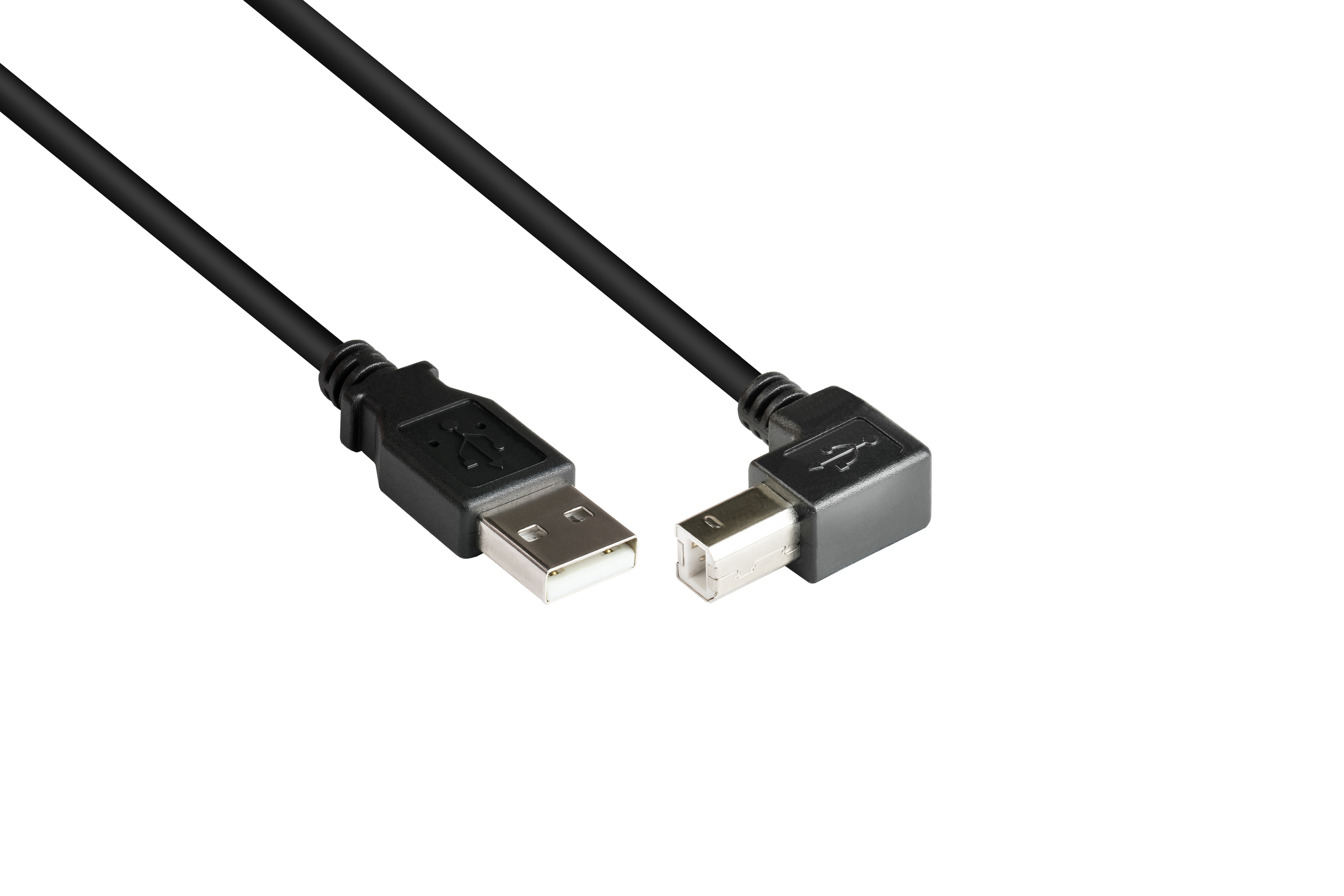Due cavi USB neri su sfondo bianco. Un'estremità ha un connettore ad angolo retto.