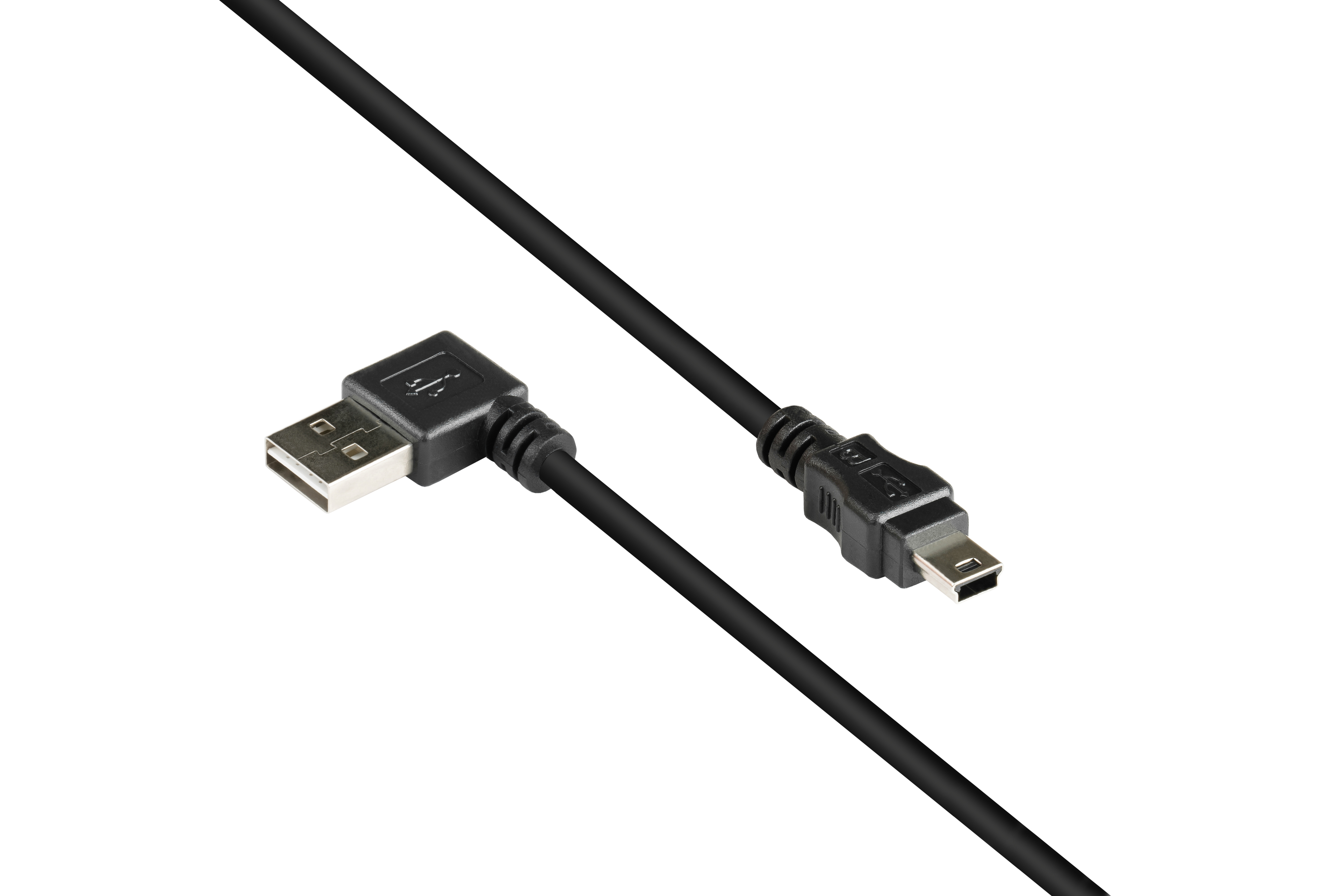 Czarny kabel USB, złącze USB-A do kątowego mini USB-B, na białym tle.