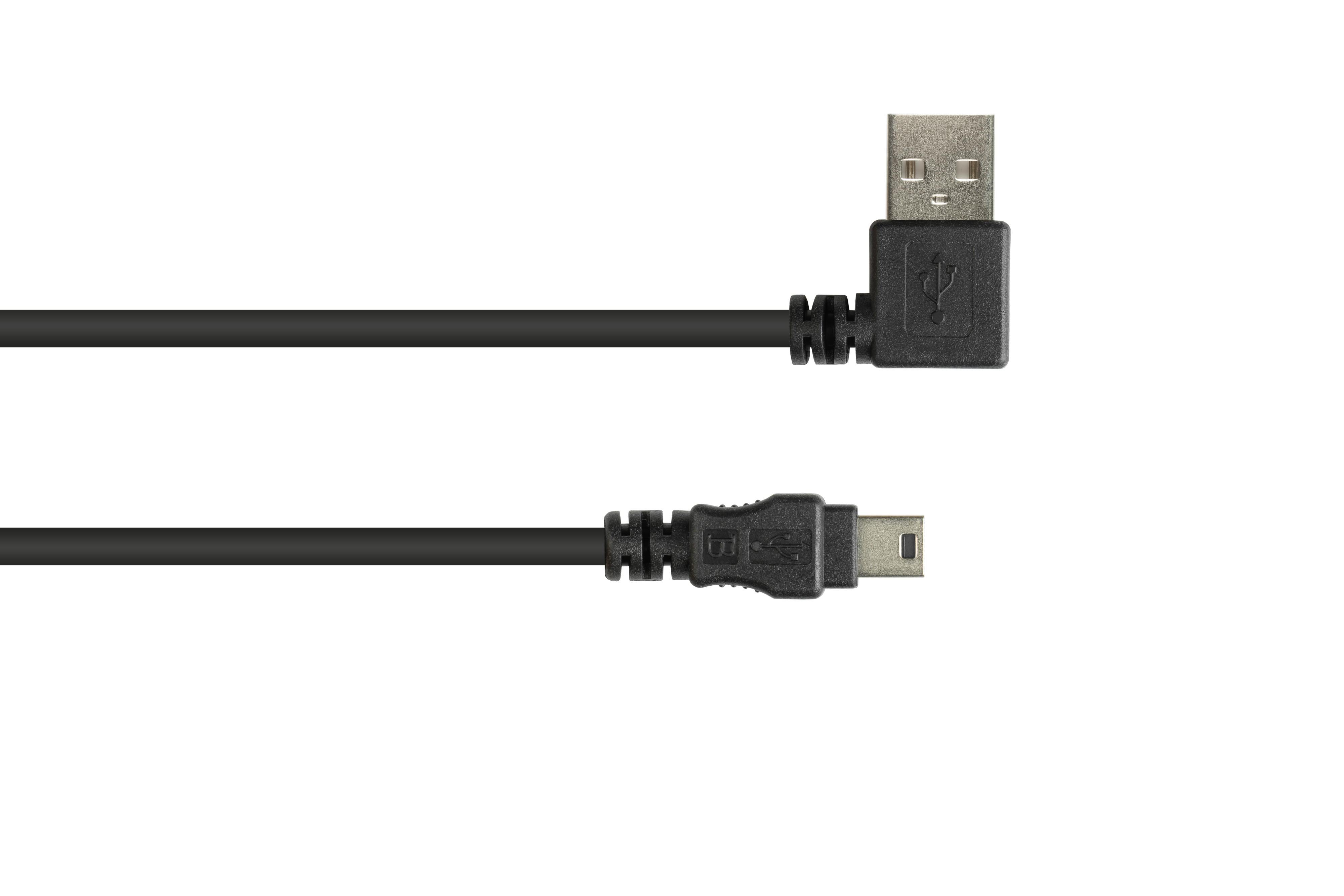 Czarny kabel USB z wtyczką USB i kątowym złączem mini-USB.