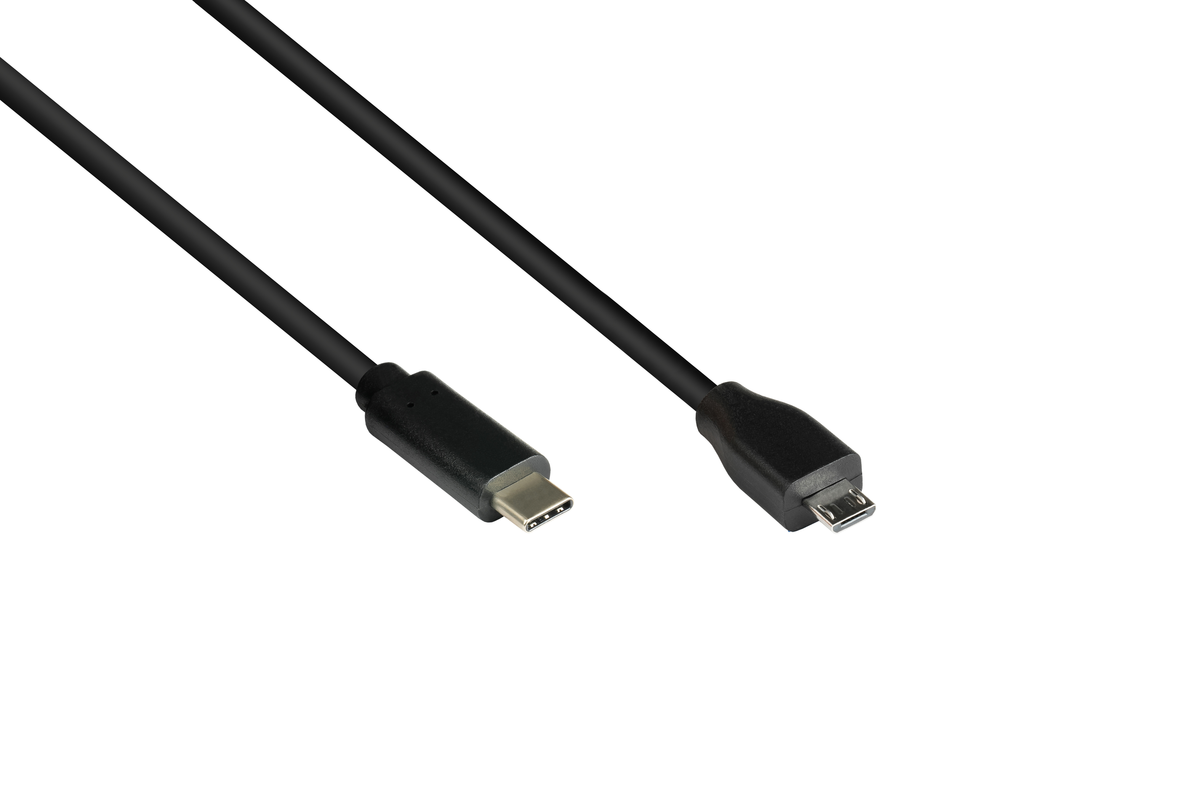 Cavo USB-C a Micro USB nero su bianco. Connettore USB-C a sinistra, Micro USB a destra.