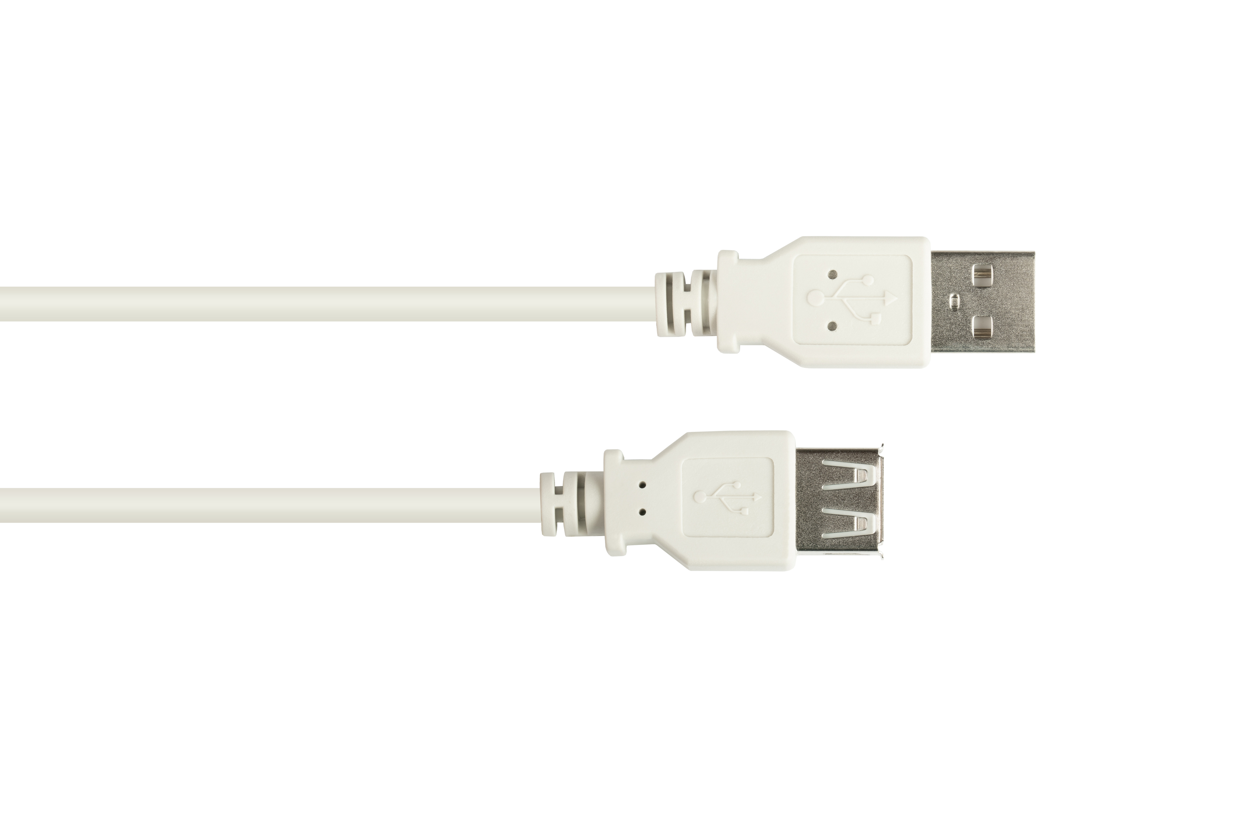 Due cavi USB bianchi. Uno ha un connettore maschio, l'altro femmina.