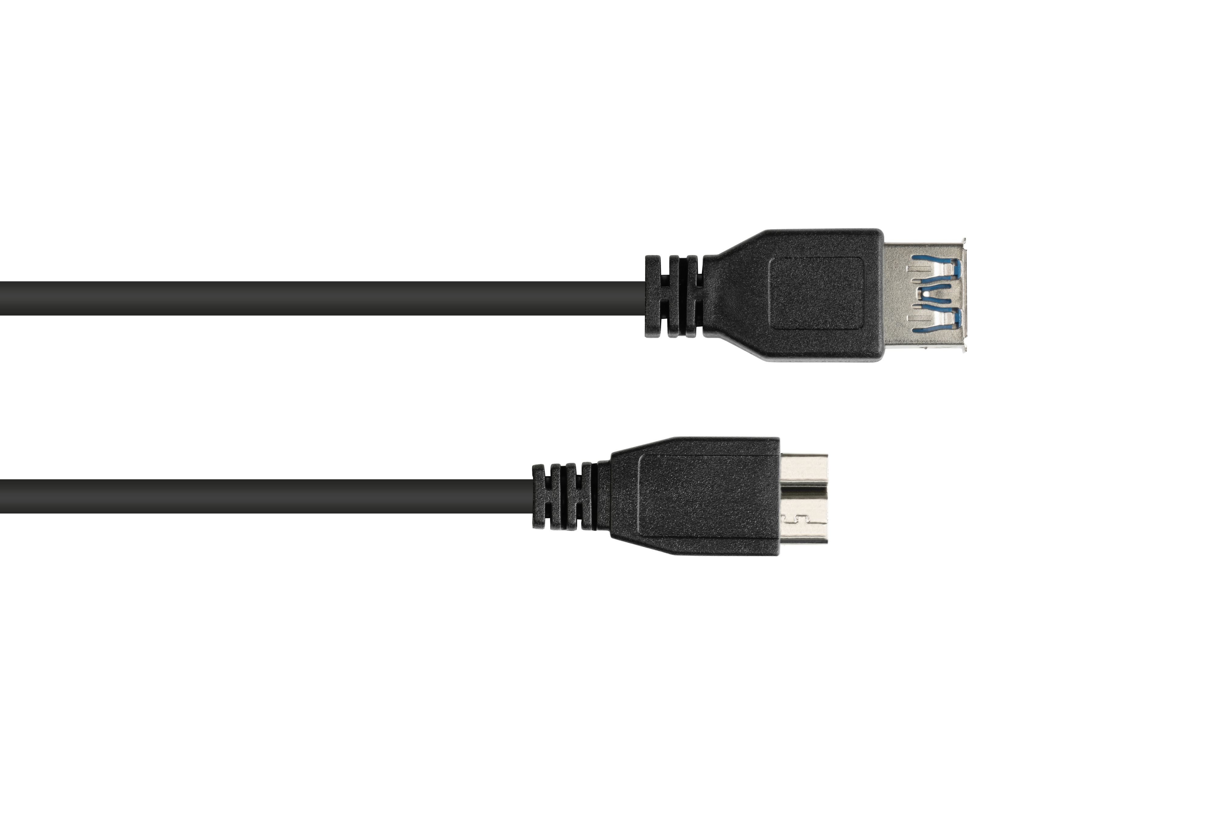 Cavo USB nero con connettore USB-A e micro-USB, su una superficie bianca.