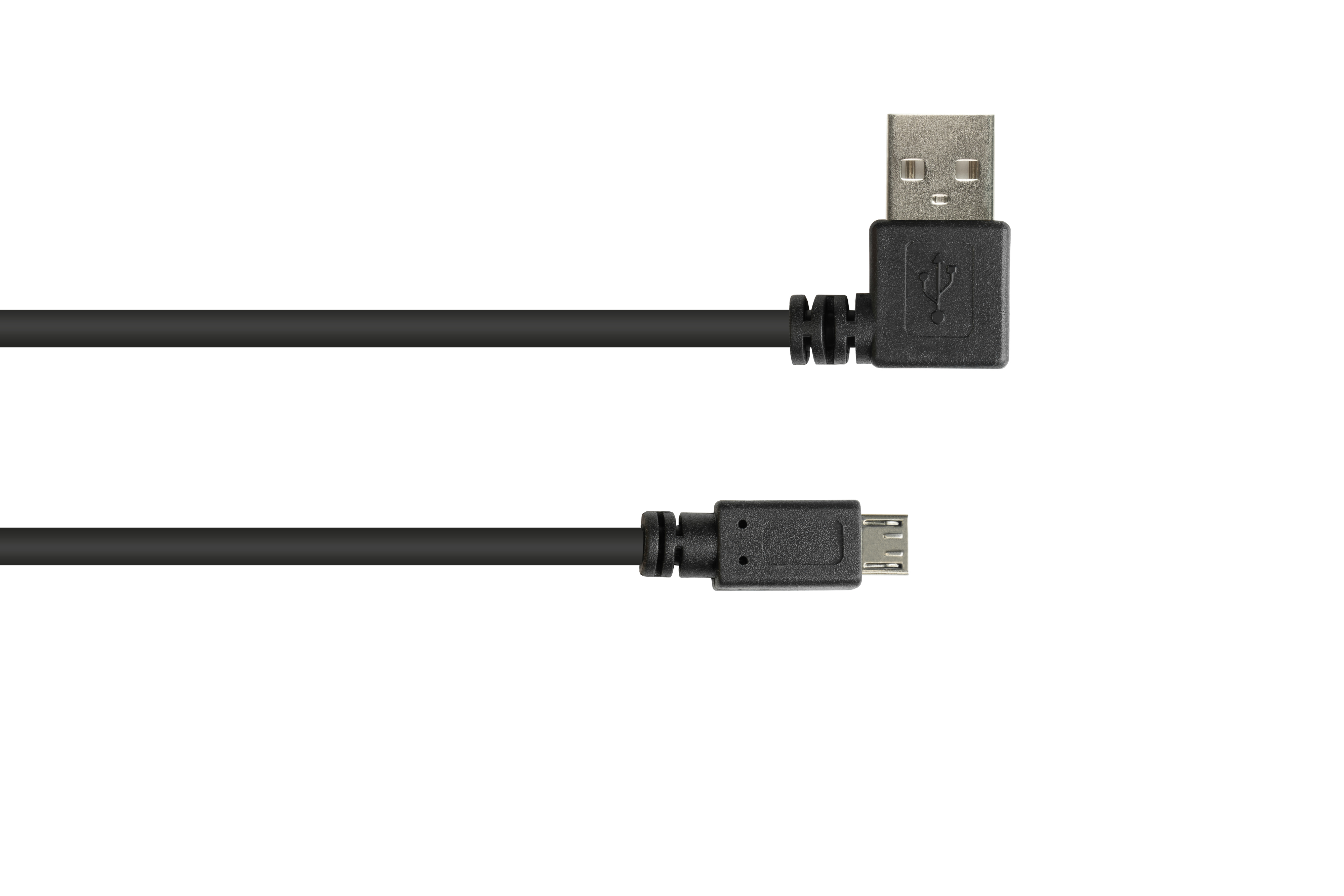 Schwarzes USB-Kabel. Ein schwarzes USB-Kabel mit Micro-USB- und USB-A-Stecker.