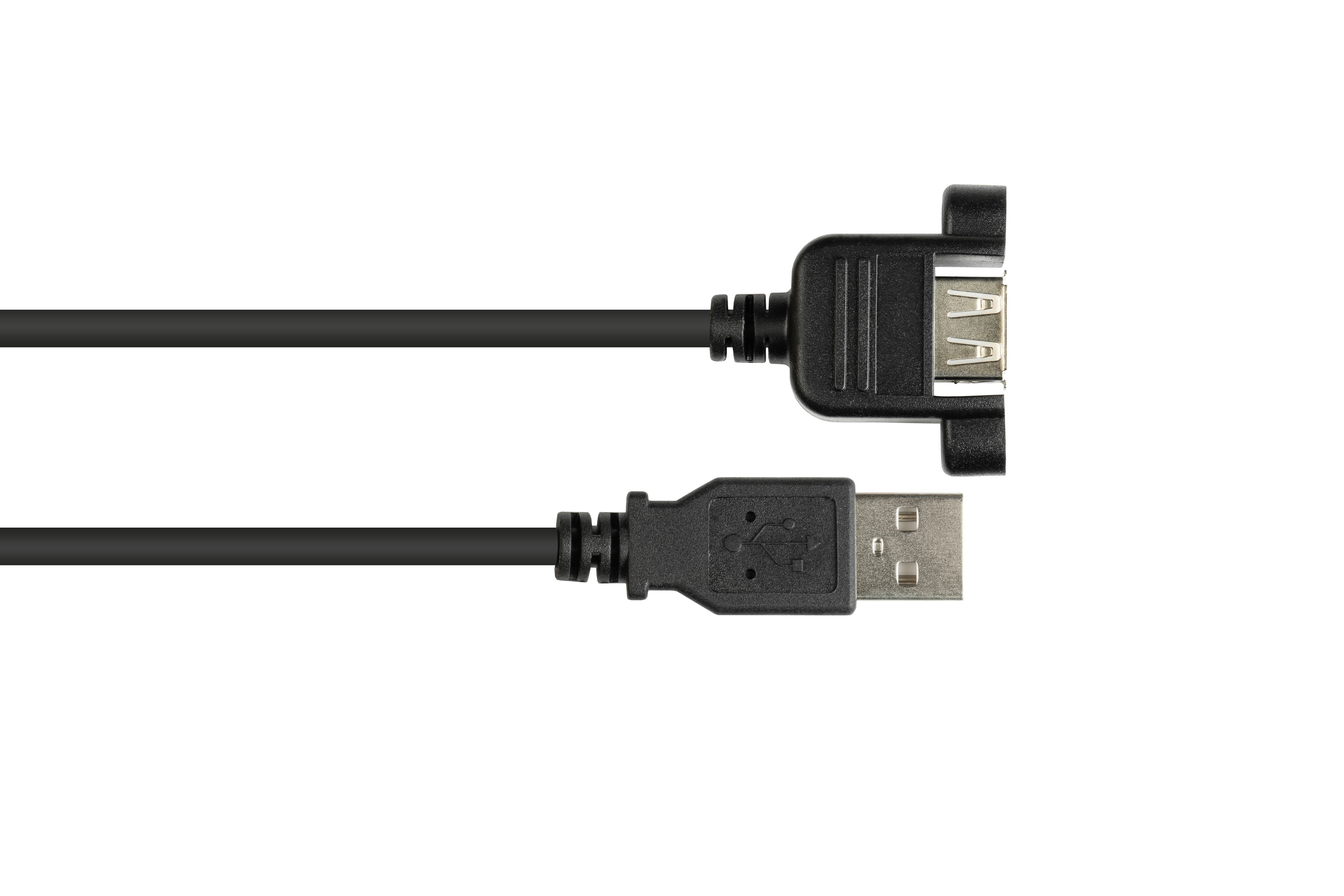 Schwarzes USB-Kabel mit zwei Anschlüssen, isoliert auf weißem Hintergrund.