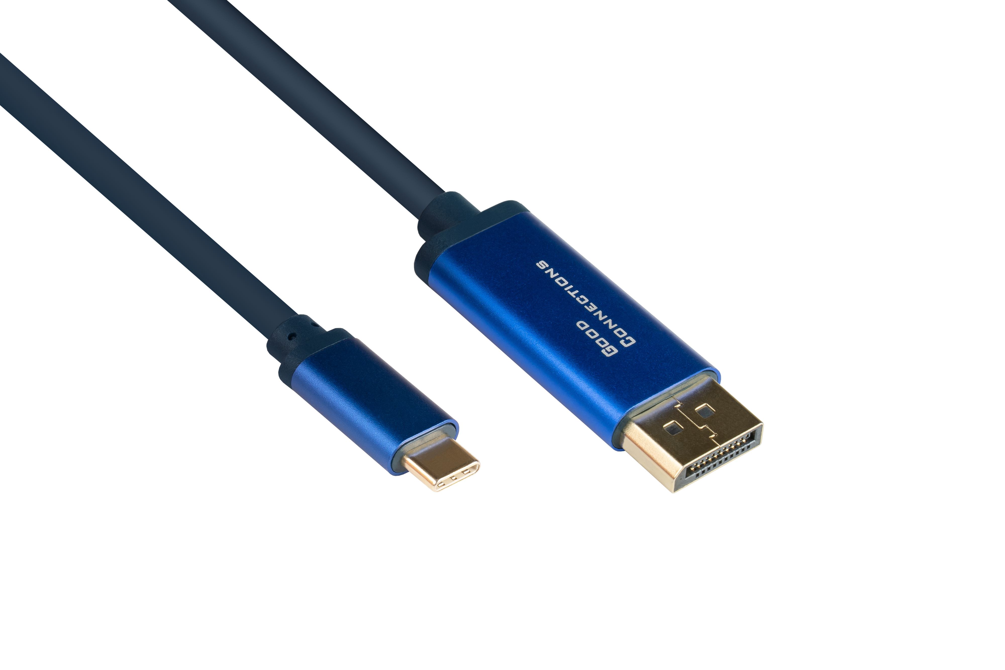 Blaues USB-C-zu-DisplayPort-Kabel mit Anschlüssen an beiden Enden, weißer Hintergrund.