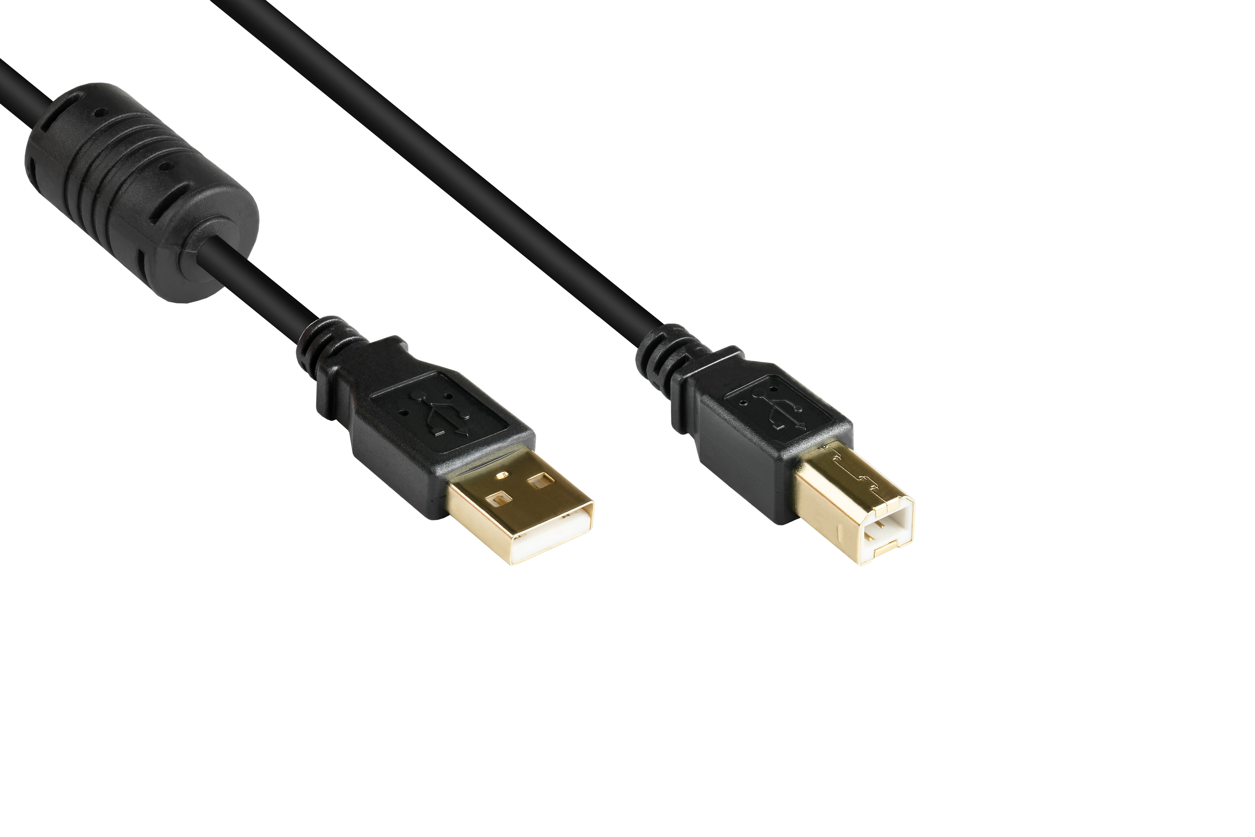 Un cavo USB nero con un connettore USB-A a un'estremità e un connettore USB-B all'altra.
