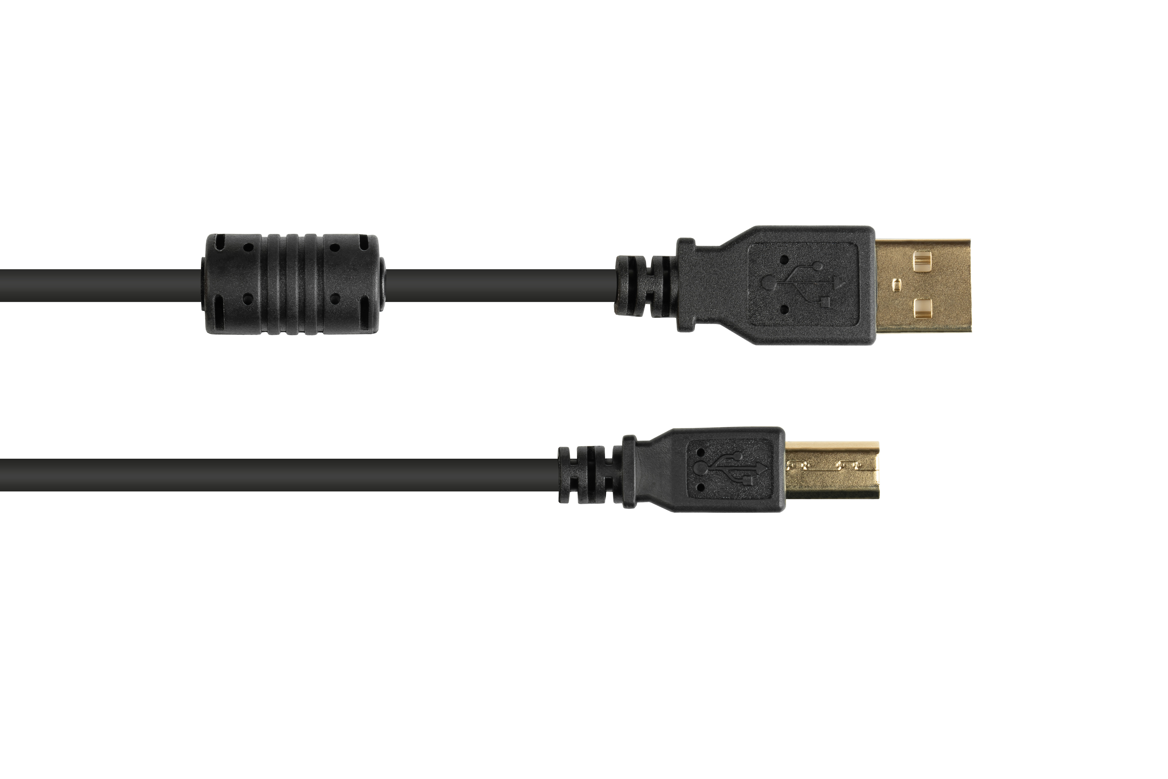 Cavo USB nero con connettori USB A e USB B.