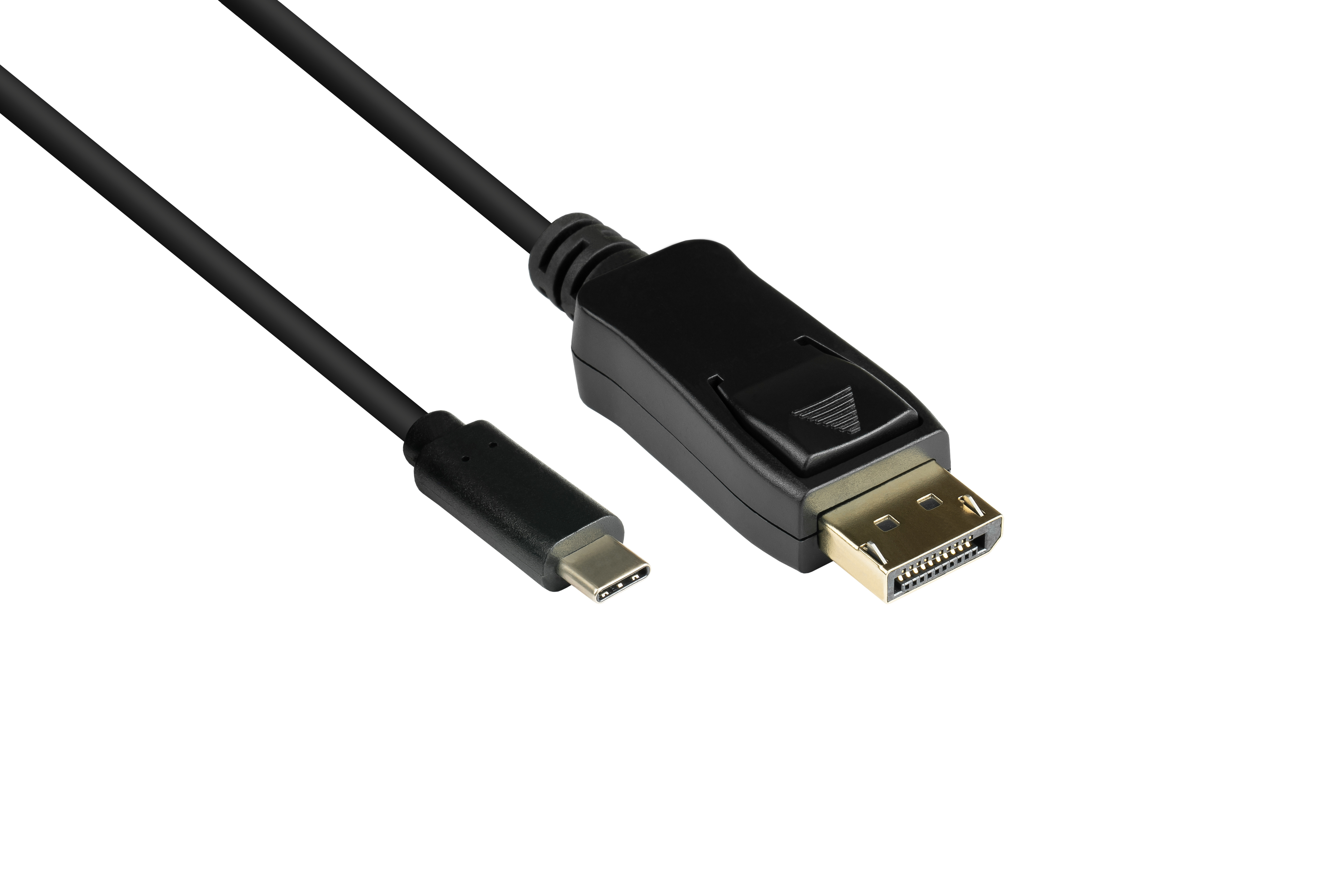 Schwarzes USB-C-zu-DisplayPort-Kabel. Ein Ende hat einen USB-C-Stecker, das andere einen DisplayPort-Stecker.