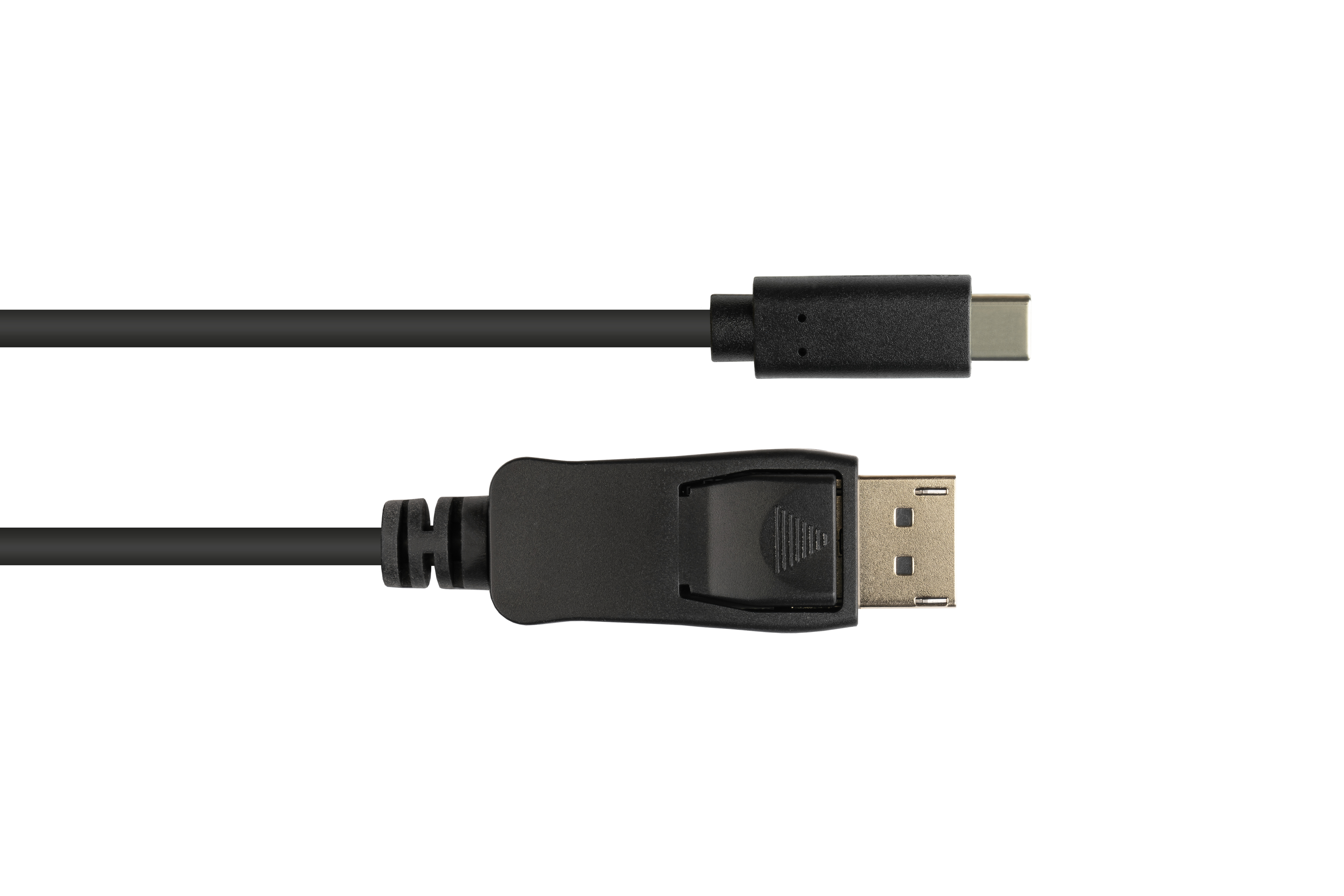 Schwarzes Kabel mit USB-C- und DisplayPort-Anschlüssen, weißer Hintergrund.