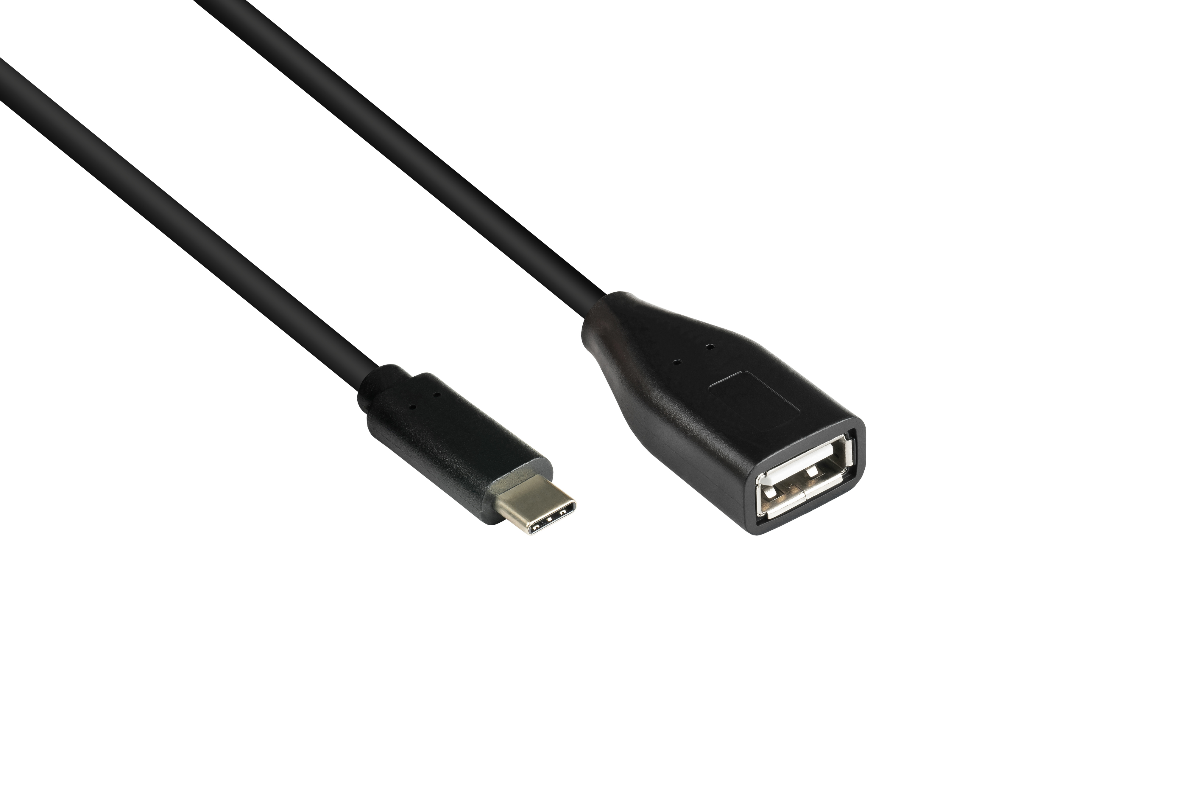 Schwarzes USB-Kabel mit USB-C- und USB-A-Anschlüssen, weißer Hintergrund.