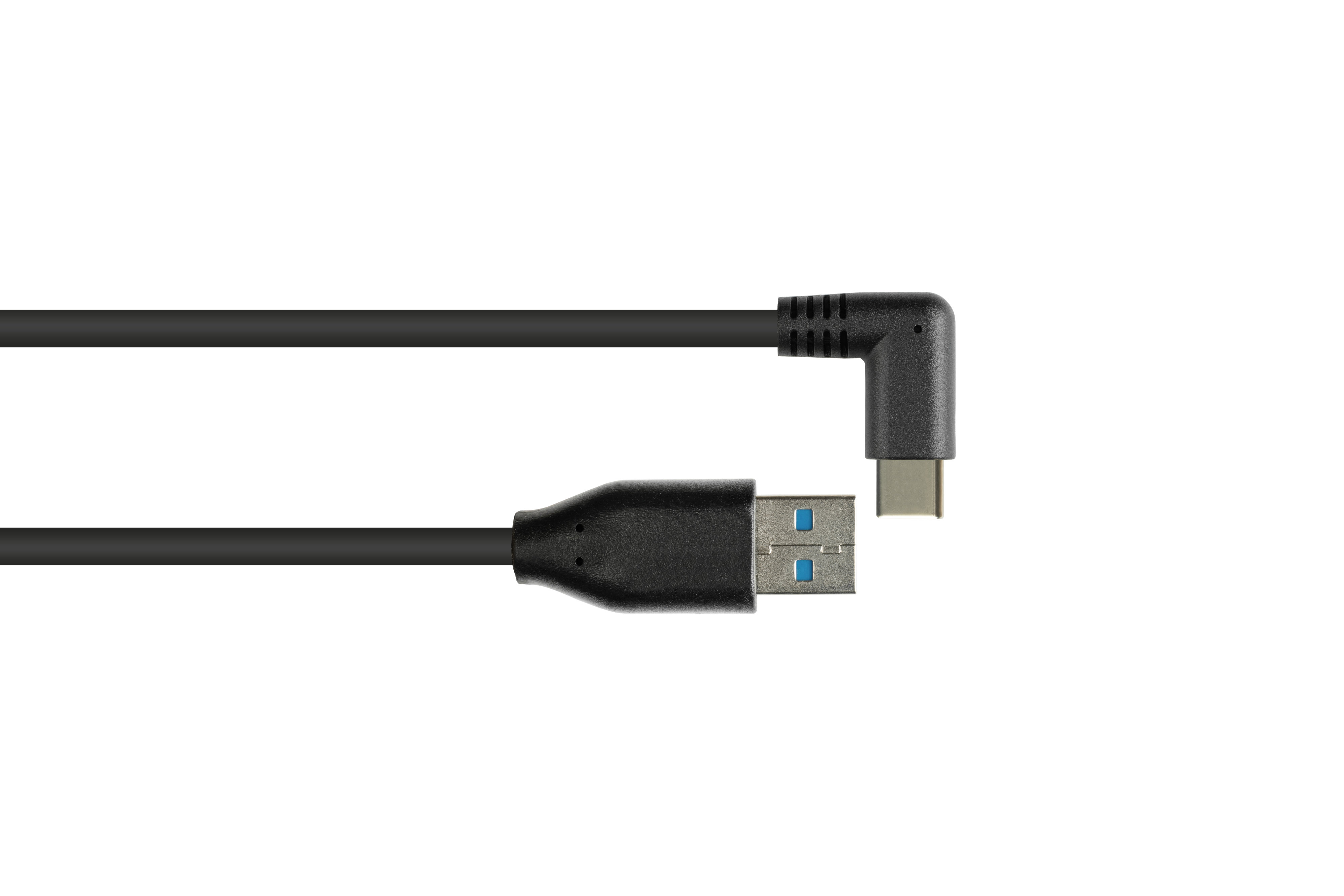 Schwarzes USB-Kabel mit USB-A- und USB-C-Anschluss im rechten Winkel.