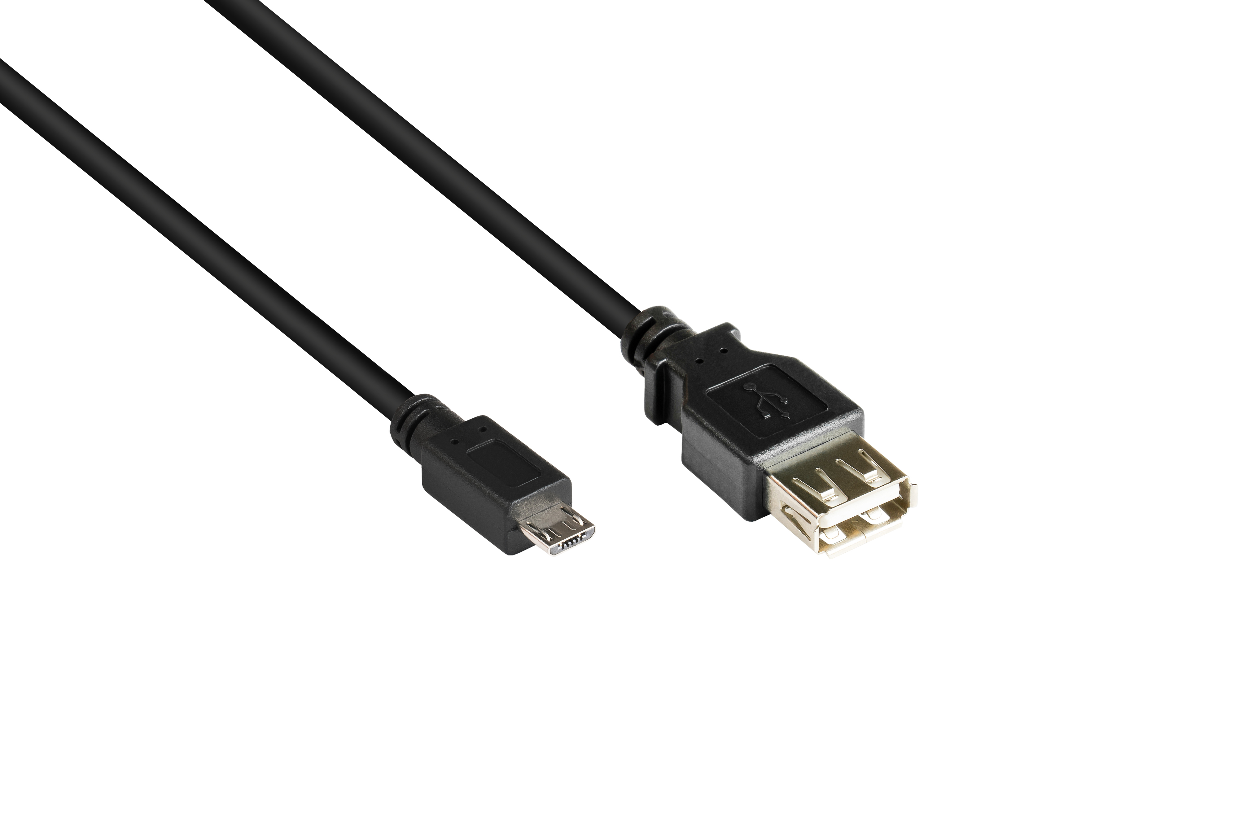 Czarny kabel USB z dwoma złączami. Jedno to micro-USB, drugie to USB-A. Tło jest białe.