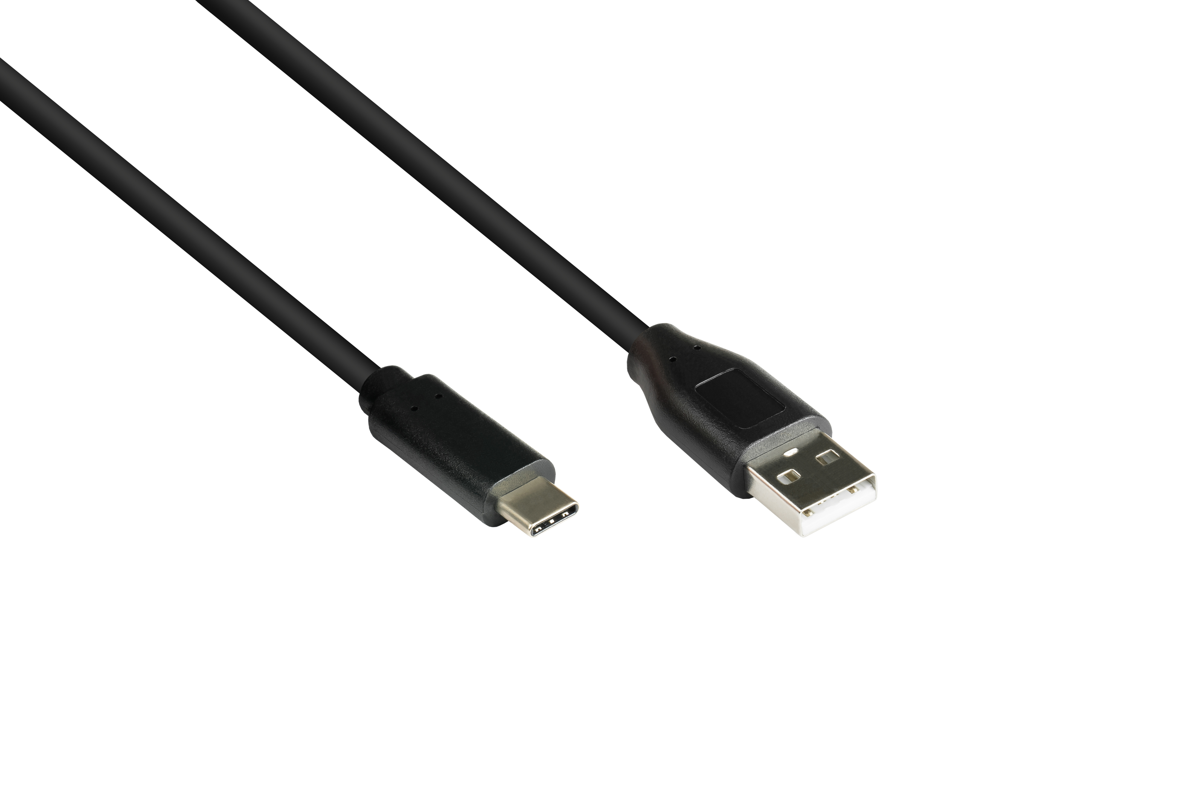 Cavo USB-C a USB-A nero, isolato su sfondo bianco.