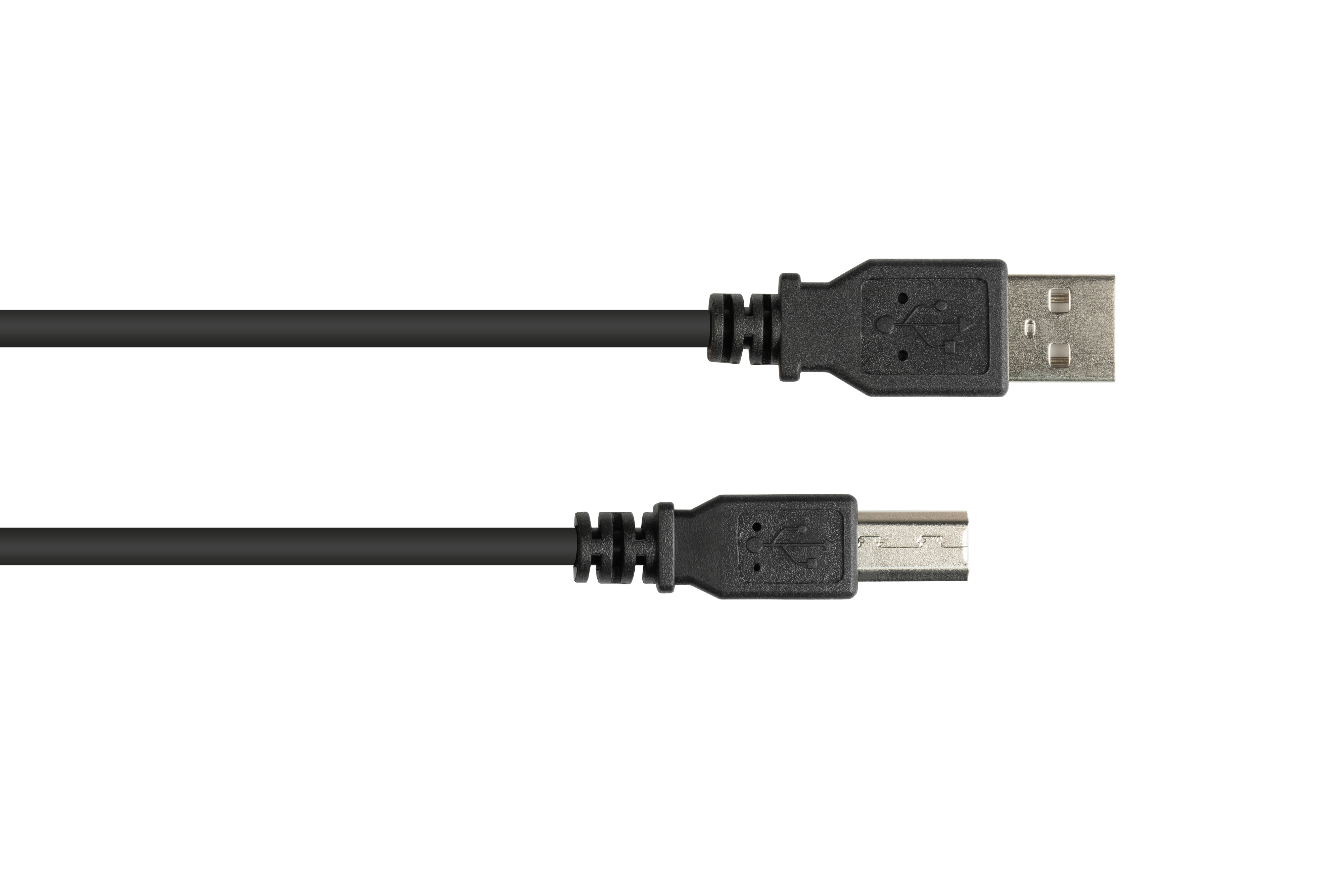 Deux câbles USB noirs avec des connecteurs. L'un a un connecteur USB-A et l'autre un connecteur USB-B.